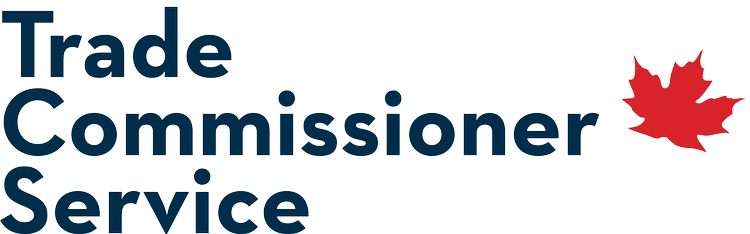Trade Commissioner Service logo with blue text and a red maple leaf.