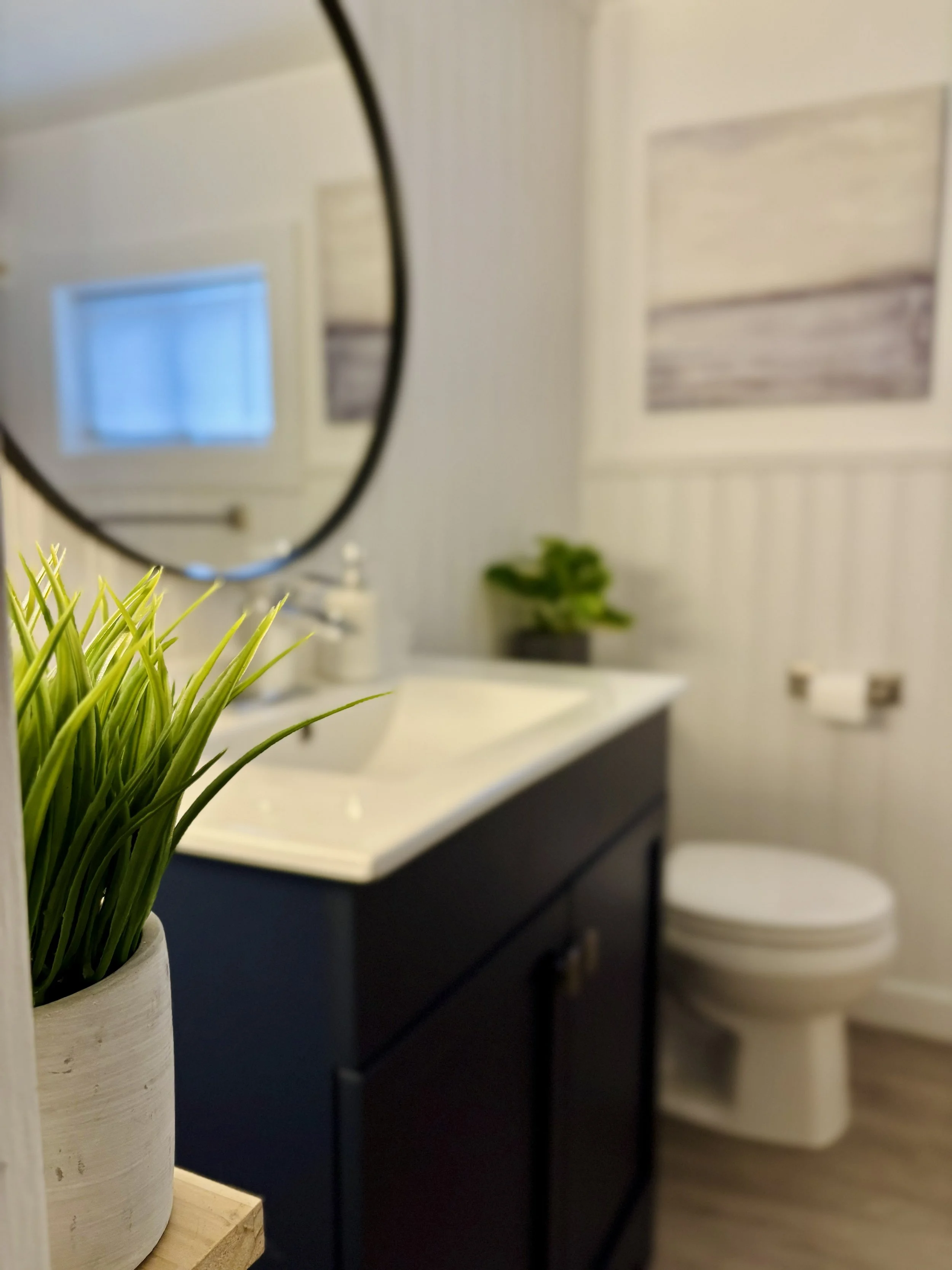 A bathroom with a mirror, a white sink, a black cabinet, a potted plant, and a white toilet.