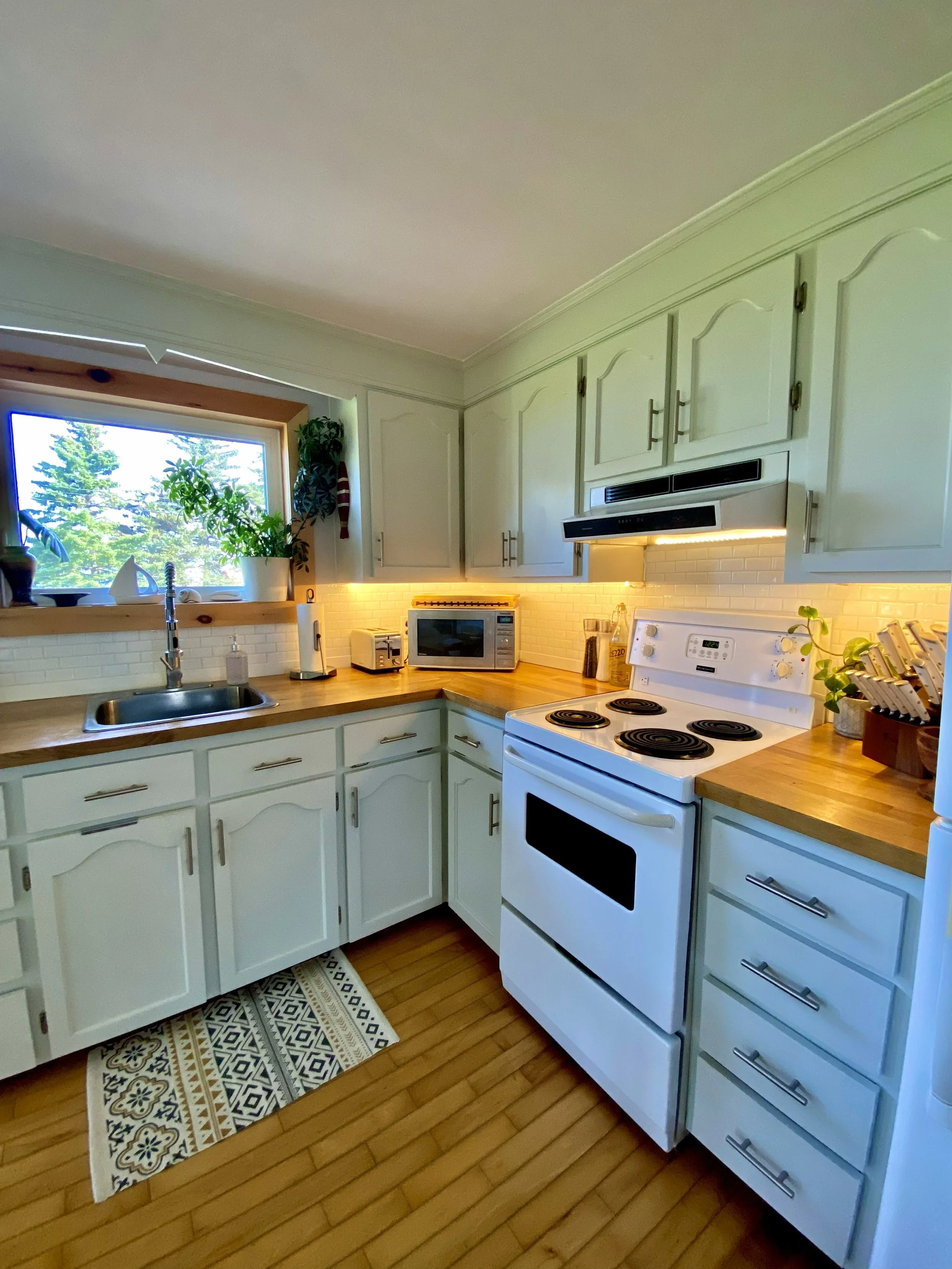 Bright, cozy kitchen with white cabinets, wooden countertops, a window with a view of trees, a microwave, toaster, and potted plants.