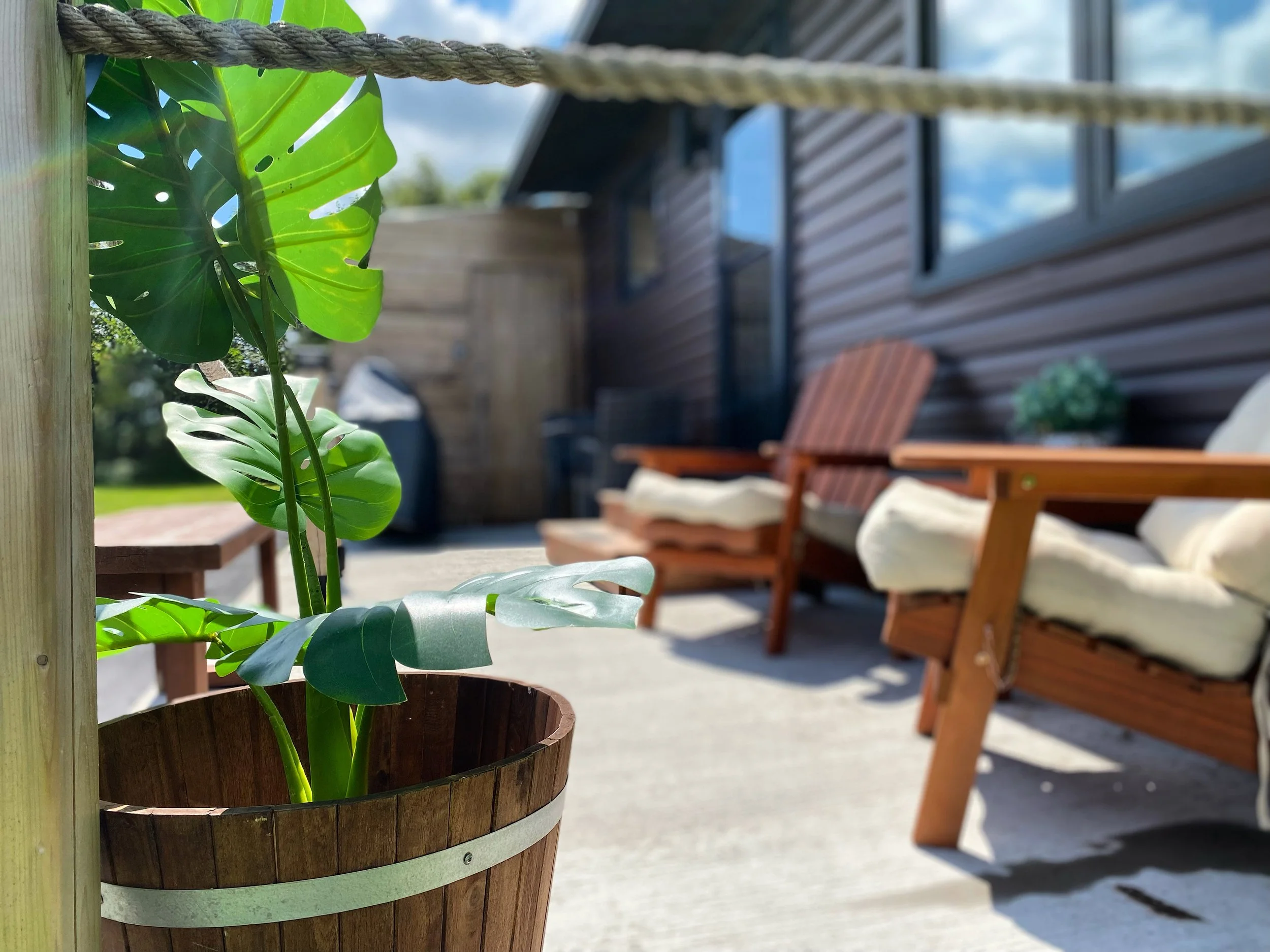 Close-up of a potted Monstera plant with large green leaves on a patio, with wooden outdoor furniture and a building with dark wooden siding in the background.