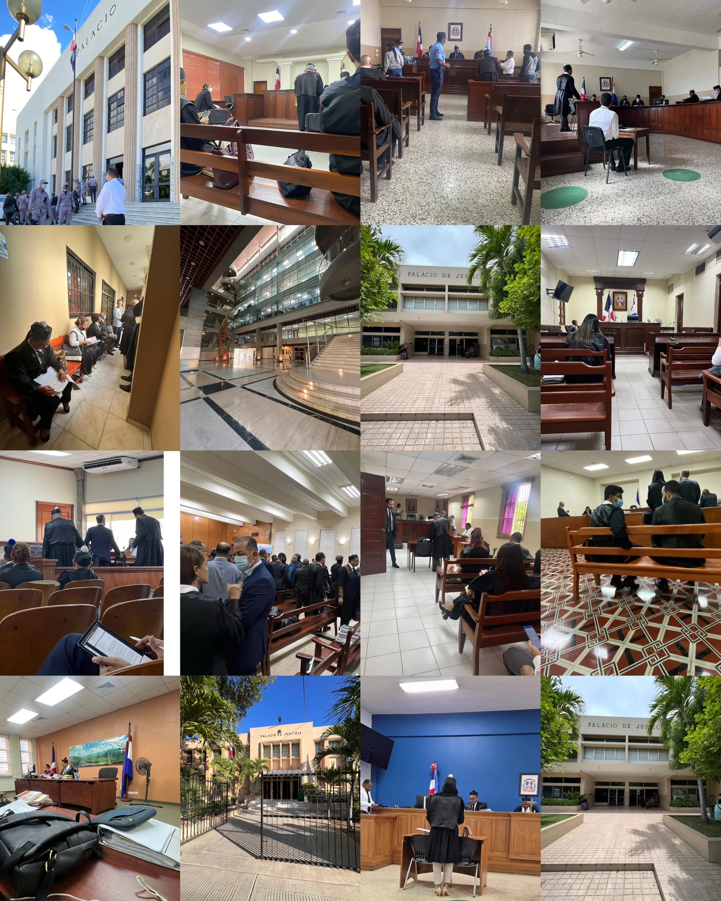 Serie de fotos del Palacio de Justicia y su interior, mostrando salas de audiencias, pasillos, áreas comunes y la fachada del edificio.