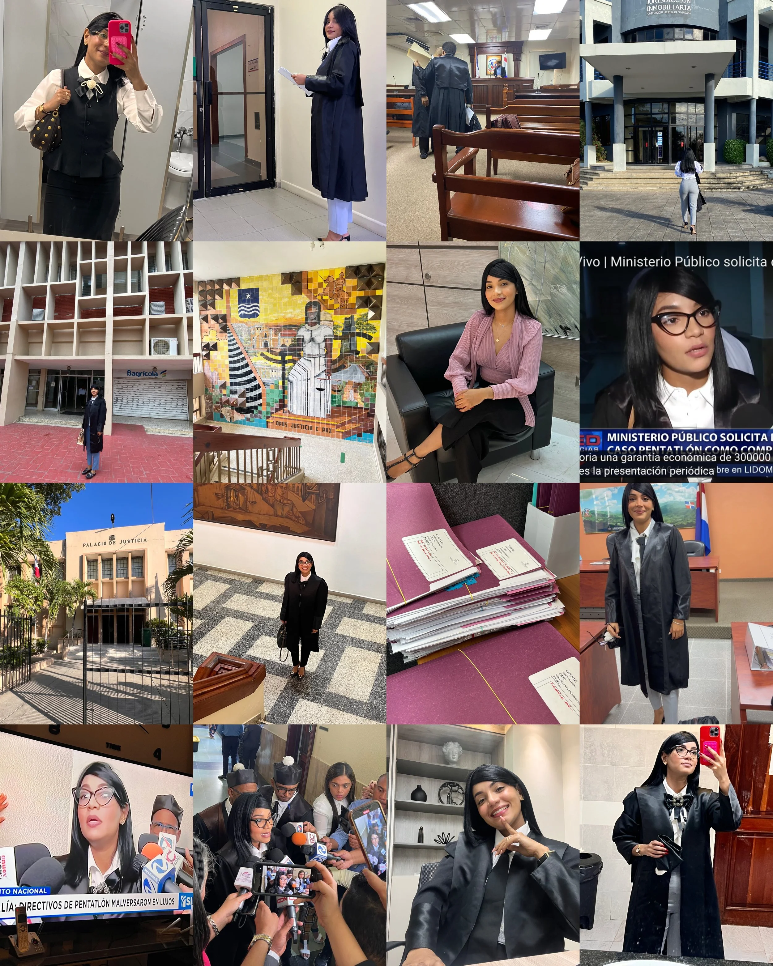 Mujer joven en diferentes contextos vinculados con el ámbito jurídico y judicial, incluyendo tomas en un edificio de justicia, en una sala de audiencias, en entrevistas y en eventos oficiales.