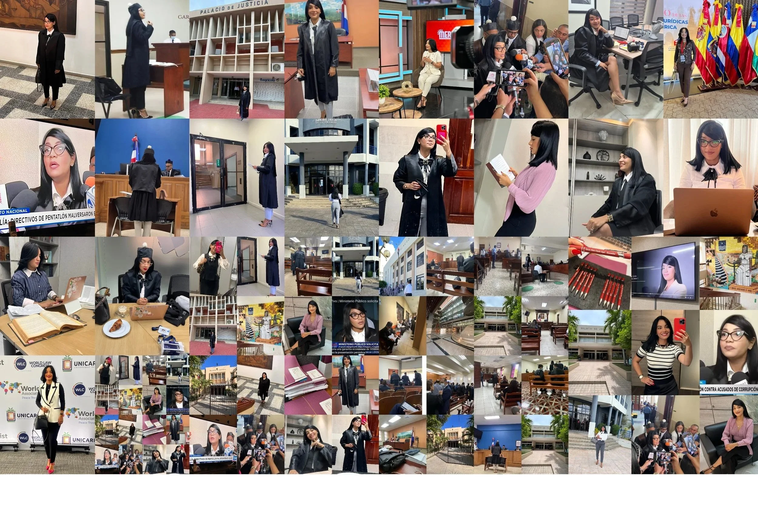 Secuencia de fotos en un centro de justicia y sala de audiencias, con muchas personas, principalmente mujeres, algunas usando toga, en actividades relacionadas con procedimientos legales y entrevistas.