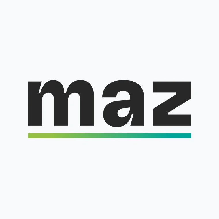 The word 'maz' in bold black letters with a gradient line underneath transitioning from green to blue on a light gray background.