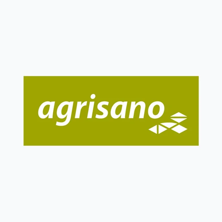 Green rectangle with the word 'agrisano' in white cursive font and stylized geometric shapes to the right.