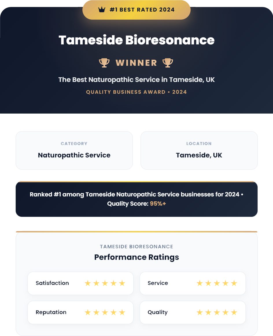 An award certificate for Tameside Bioresonance, recognizing it as the best rated naturopathic service in Tameside, UK for 2024, with ratings for satisfaction, service, reputation, and quality, each five stars.
