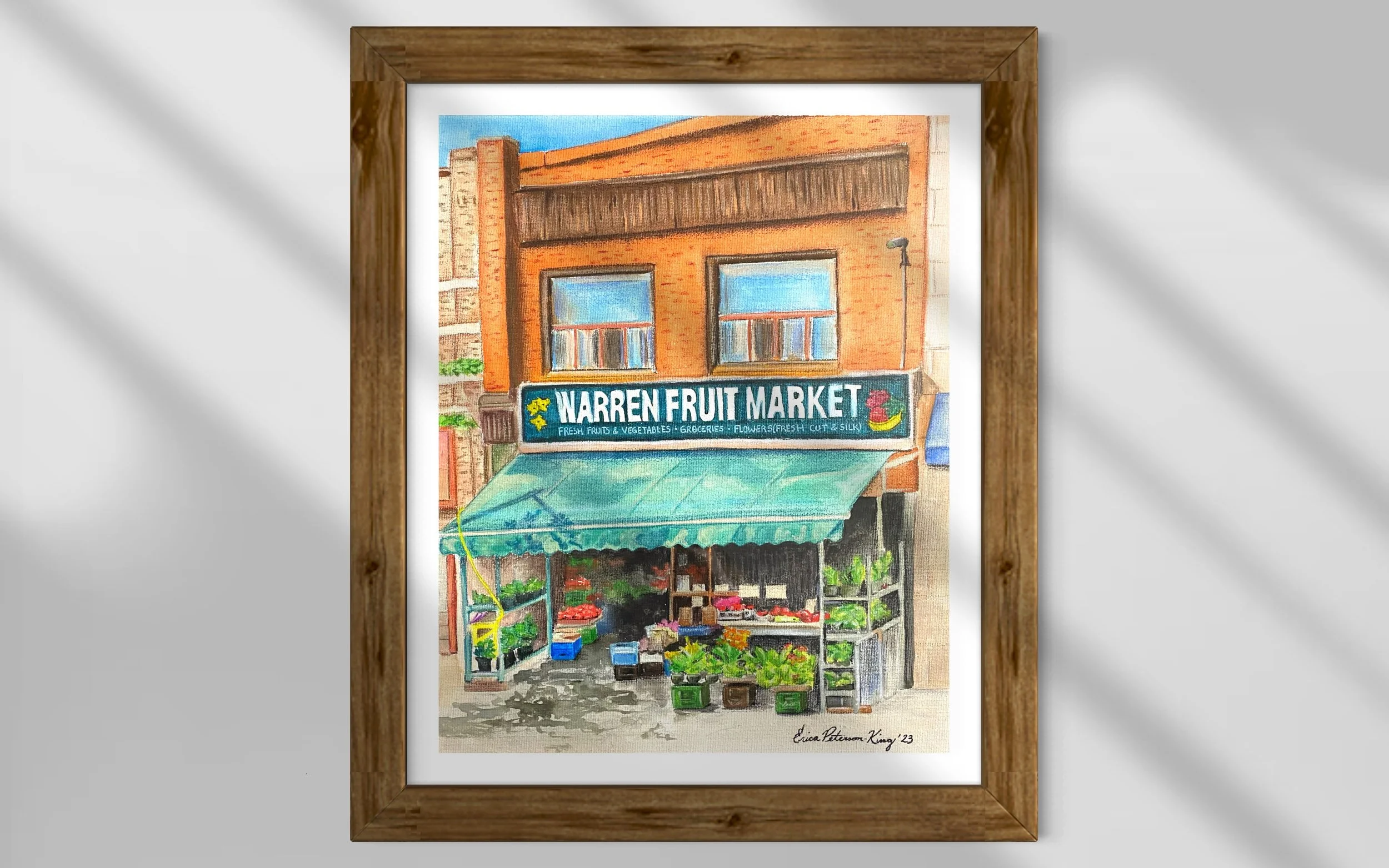 Painting of Warren Fruit Market with grocery items and potted plants outside, signed by Erica Peterson-King '23.