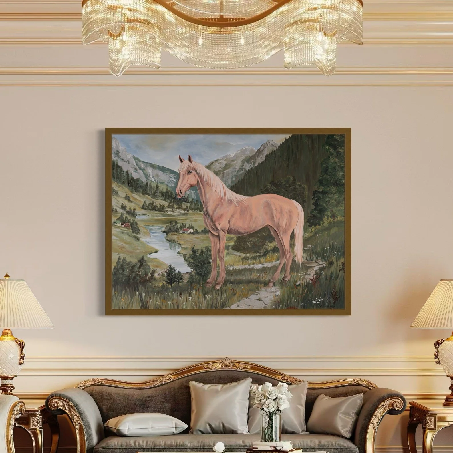A living room with a large framed painting of a horse standing in a mountain landscape. The room has elegant decor, including a chandelier, lamps, and a sofa with cushions and a flower arrangement.