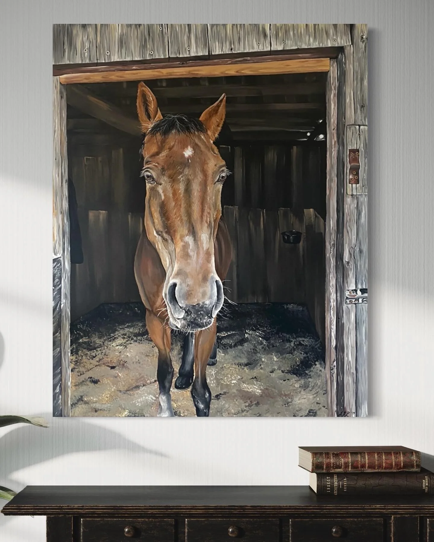 Painting of a brown horse standing inside a wooden stable with a dirt floor.