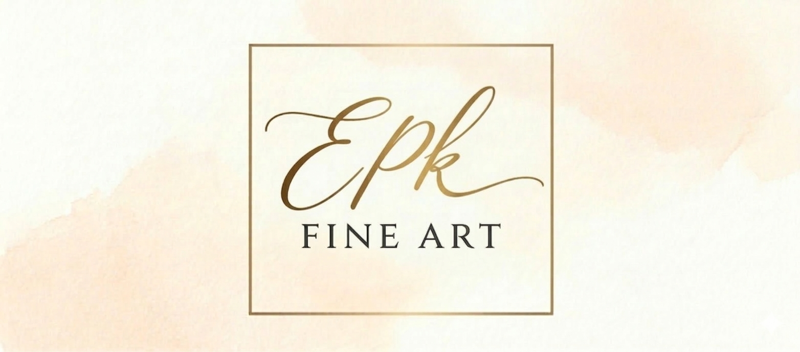 Logo for EPk Fine Art with elegant script and a beige watercolor background.