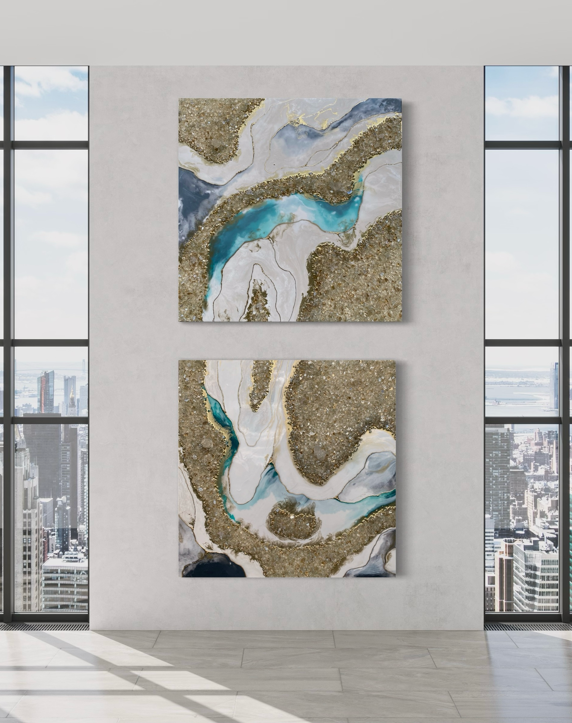 Large abstract painting with gold, blue, white, and gray swirls and textures, hanging on a white wall in a high-rise room with floor-to-ceiling windows showing city skyscrapers.