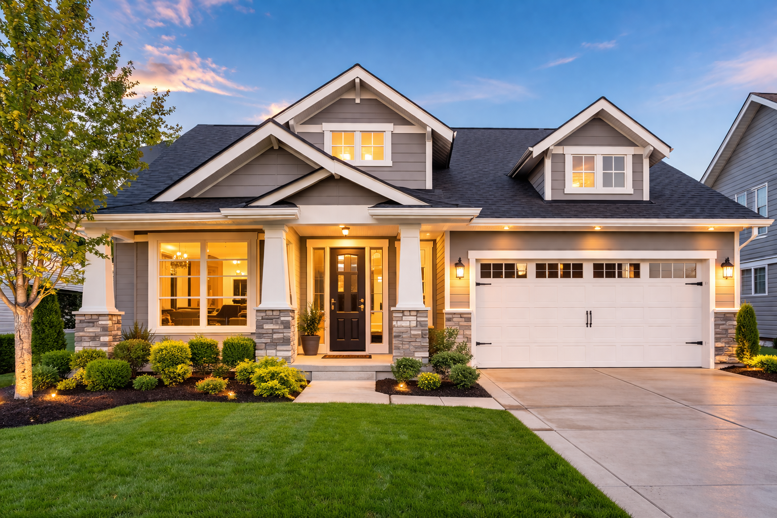 Exterior view of a modern house at dusk with illuminated windows, a well-maintained front yard with green grass, bushes, and a trees, and a concrete driveway leading to a double garage.