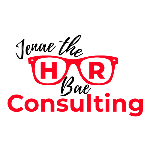 Logo with the text 'Jenae the HR Bae Consulting,' featuring red glasses with the letters 'H' and 'R' on the lenses.
