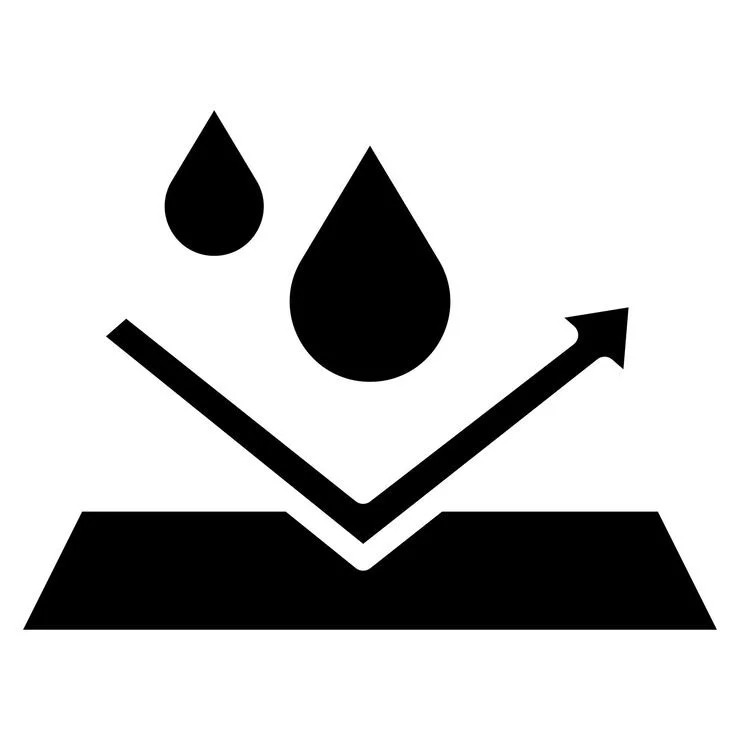 Black and white icon showing water droplets, a downward arrow, and an upward trending arrow, representing water damage or water-related data.