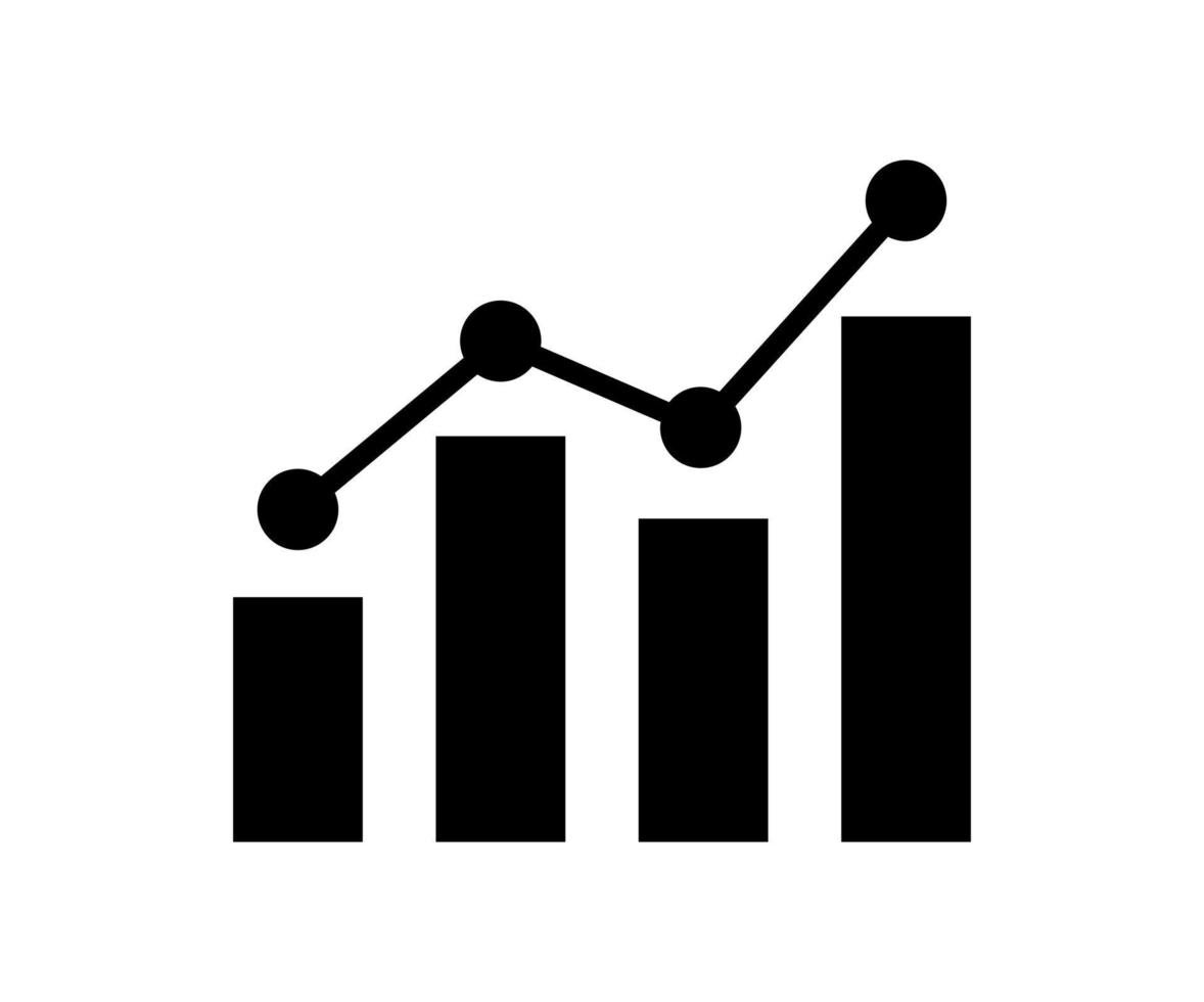 Black and white icon of a bar chart with four bars of increasing height and a line graph with four points connecting on top of each bar, illustrating growth or progress.