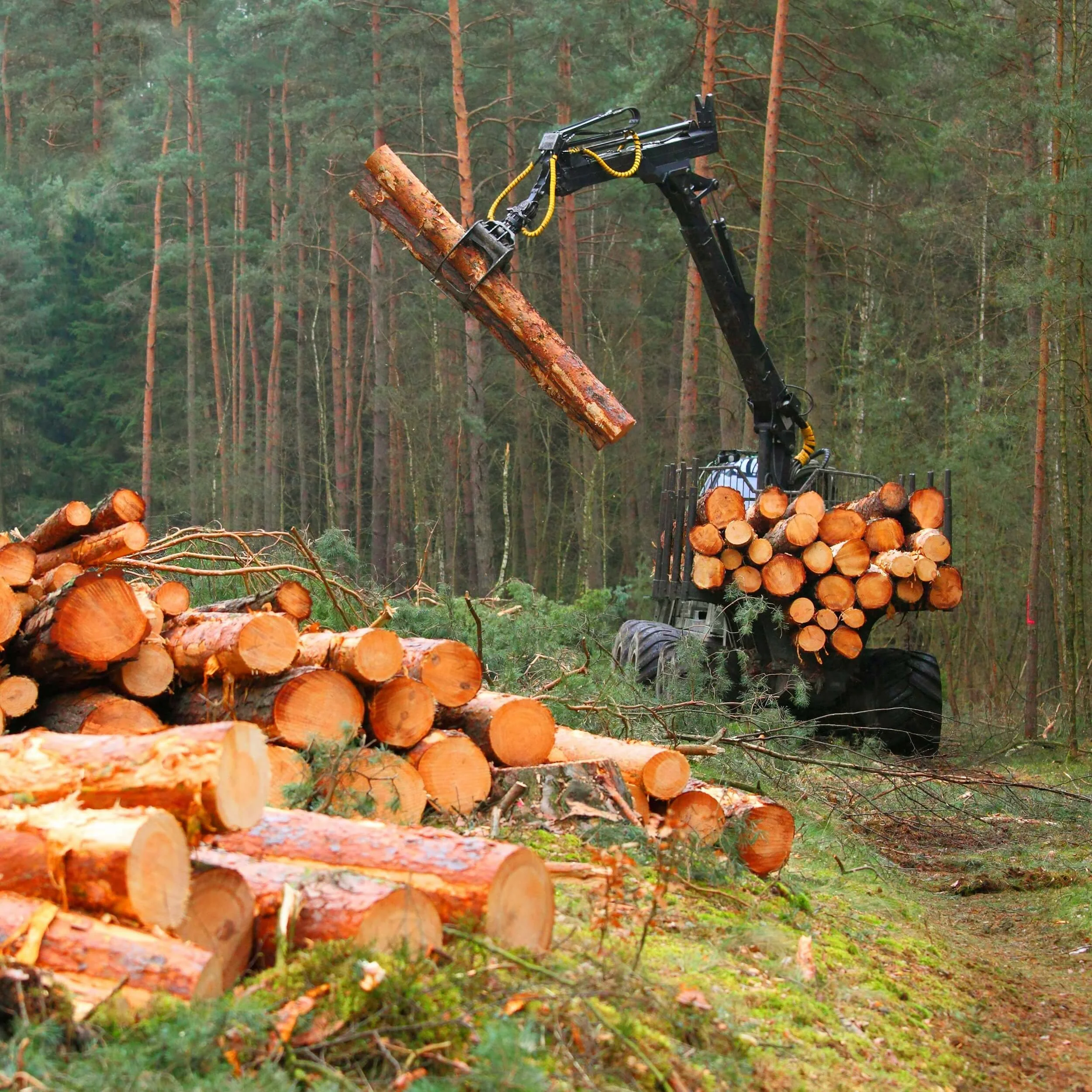 A mechanical log splitter lifting a cut log in a forest setting with stacked logs and trees in the background for Alabama Landwork Services to clear land in Central Alabama.