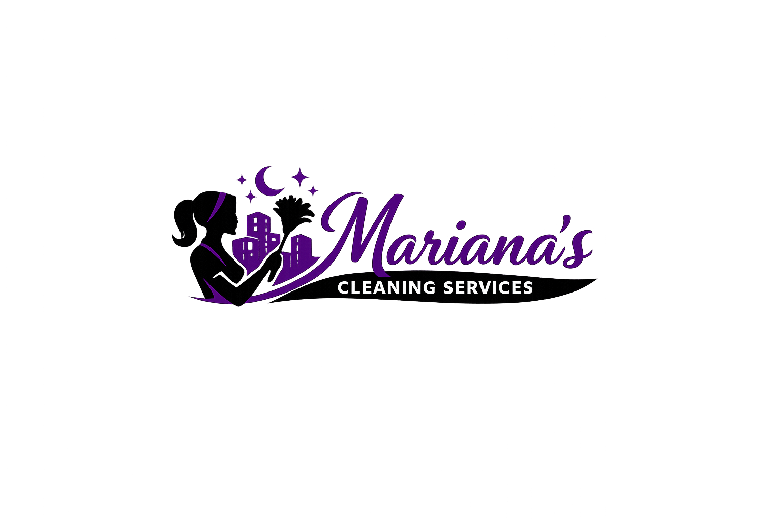 Logo for Mariana's Cleaning Services, featuring a silhouette of a woman holding a spray bottle with a moon, stars, and cityscape in purple and white text.