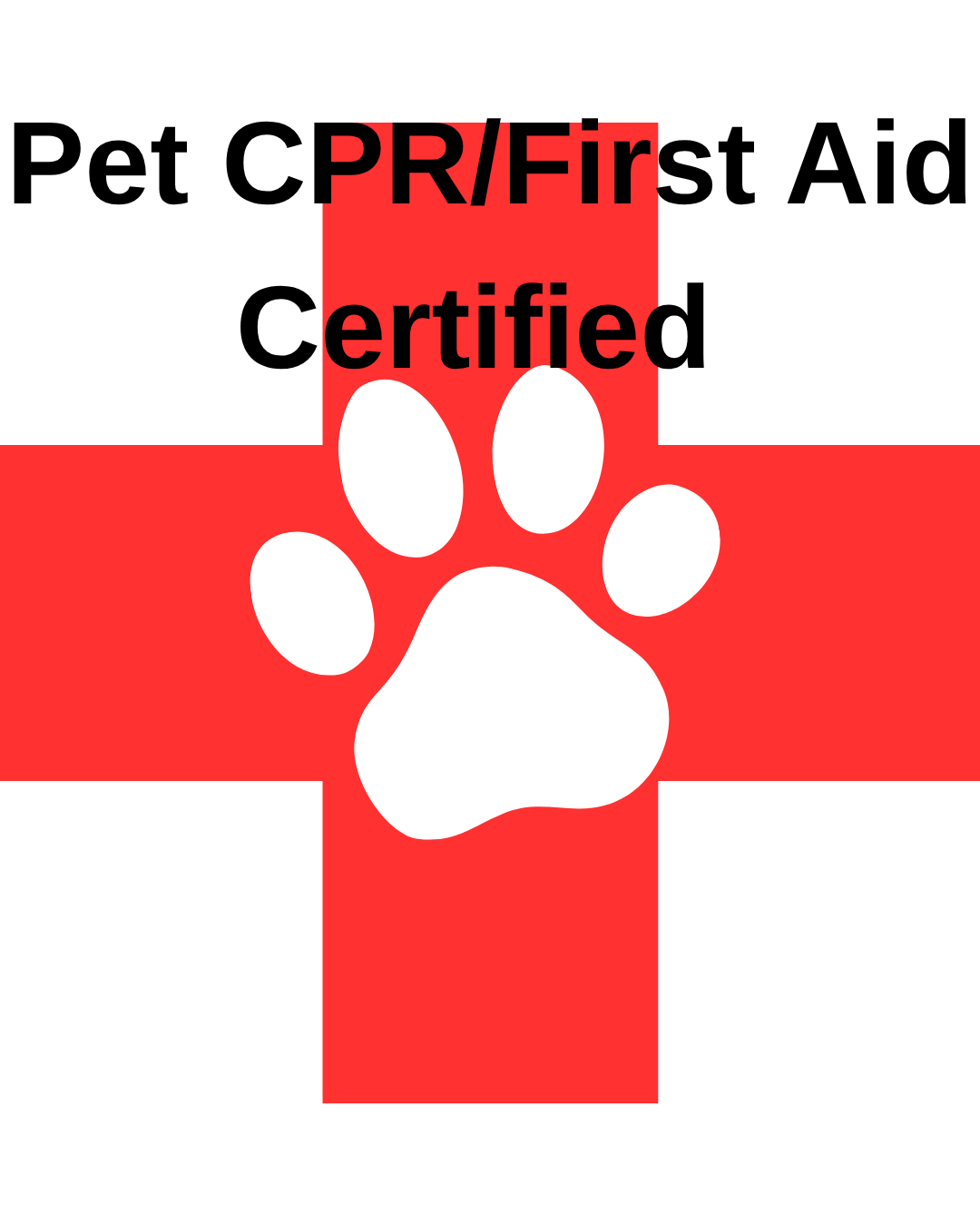 Red cross with a white paw print in the center and the words "Pet CPR/First Aid Certified"