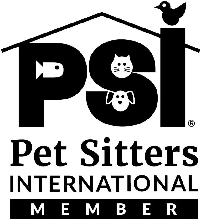 Logo for Pet Sitters International with the word "PSI" in large letters, decorated with pet faces and a bird on top of the letter "I," and the words "Pet Sitters International Member" underneath.