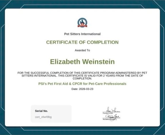 Certificate of Completion awarded to Elizabeth Weinstein by Pet Sitters International, valid for 2 years, dated March 23, 2026.