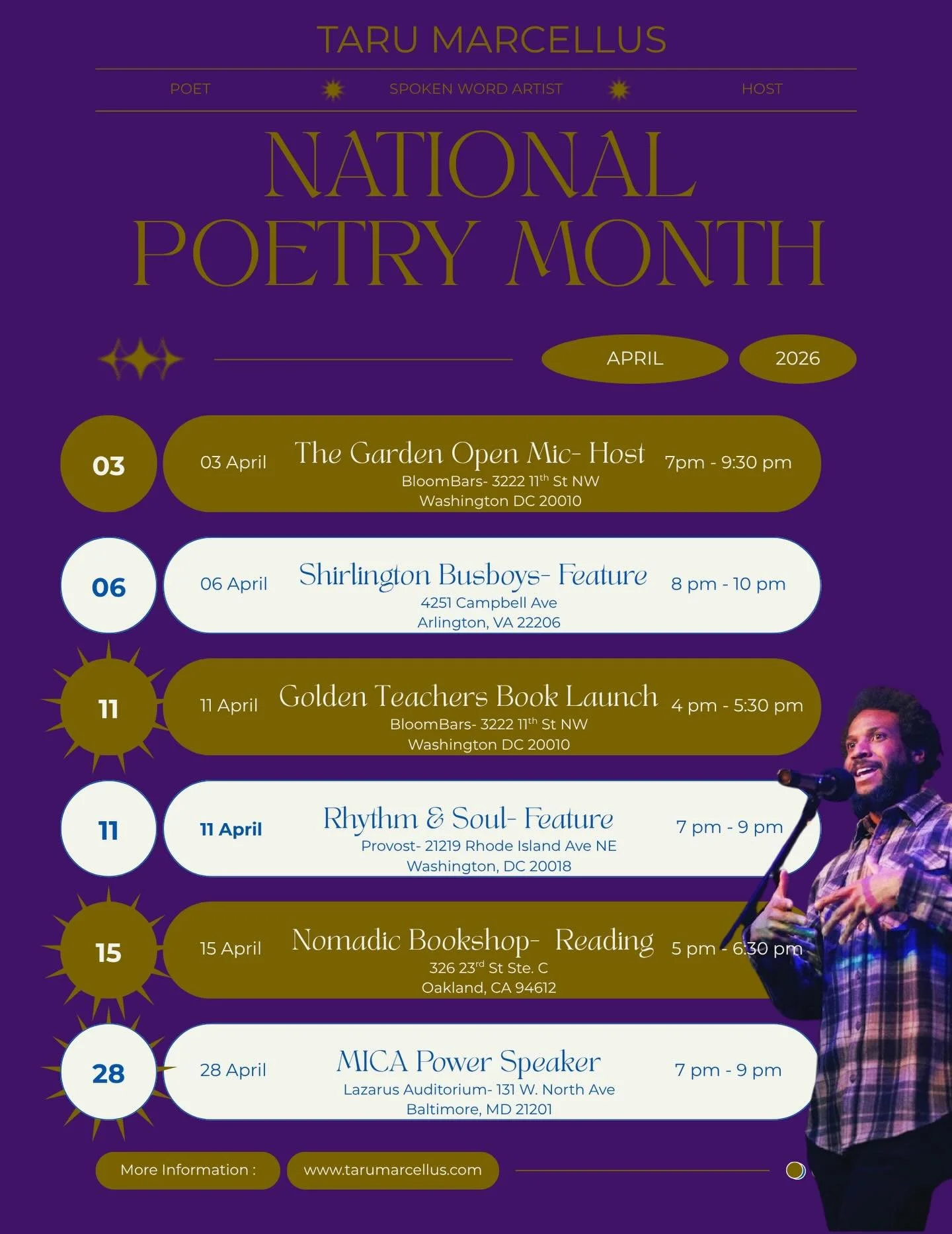 On the first day of National Poetry Month&hellip; the floodgates opened. It&rsquo;s time to Bloom 🪷 Gratitude for all the outpourings of opportunity 🙏🏾 From DC to Oakland to Baltimore, I&rsquo;m really bout to be outside. Catch me at one or more o