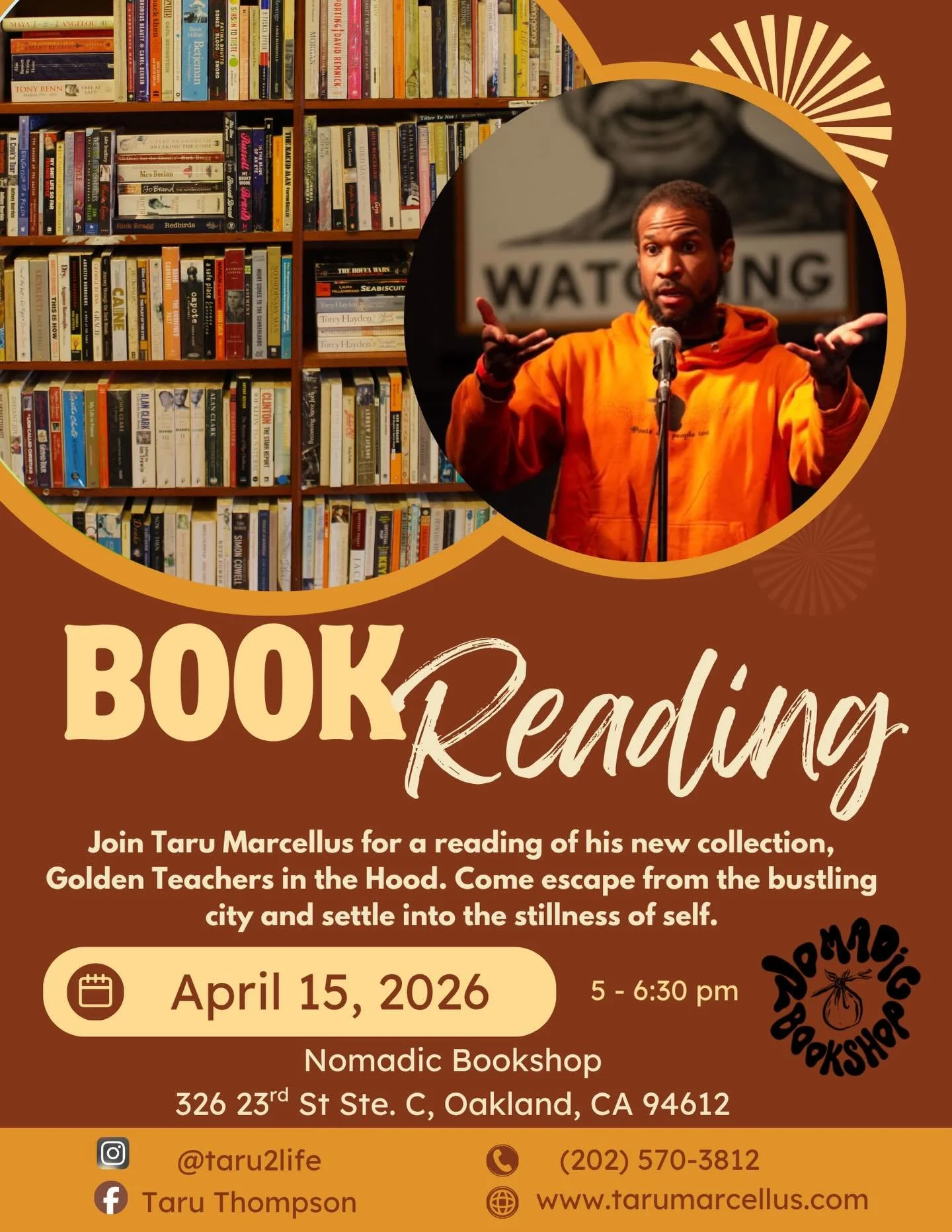 Today&rsquo;s the day!! 5- 6:30pm. I have my first out-of-state book reading @nomadicbookshop I&rsquo;m so excited to share &ldquo;Golden Teachers in the Hood&rdquo; with the Bay Area. Select readings. Select performances. Q&amp;A. Tell a friend to t