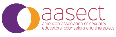 Logo for the American Association of Sexuality Educators, Counselors, and Therapists (AASECT) with purple, orange, and pink elements.