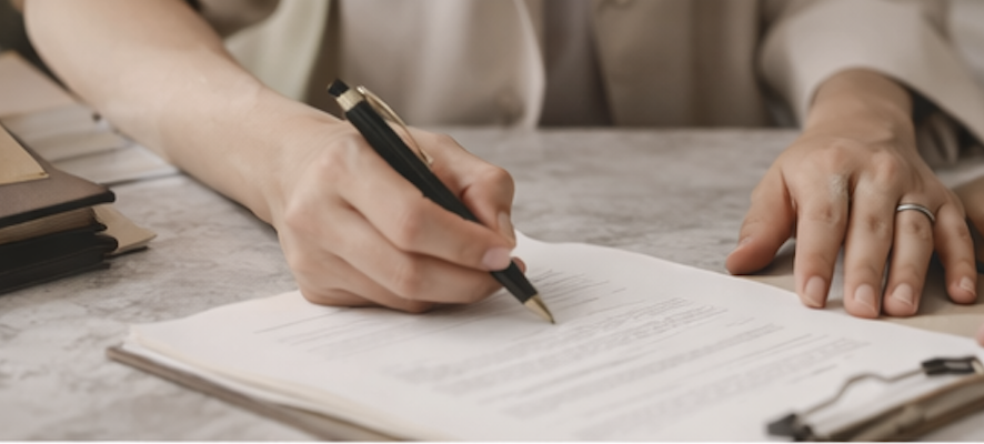 Person signing a document with a pen on a marble table.