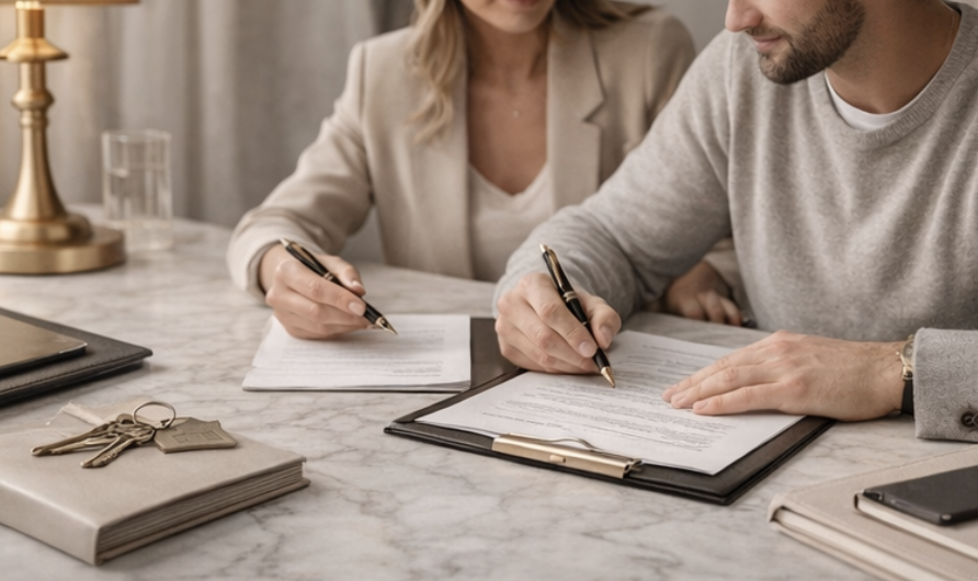 Two people sitting at a table signing documents with pens, with a set of keys and a lockbox on the table.