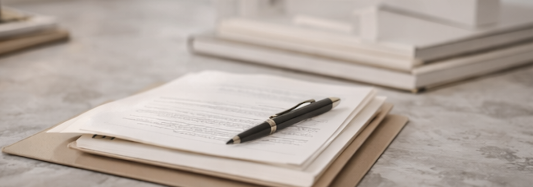 Close-up of a stack of documents and a pen on top of it, placed on a desk.