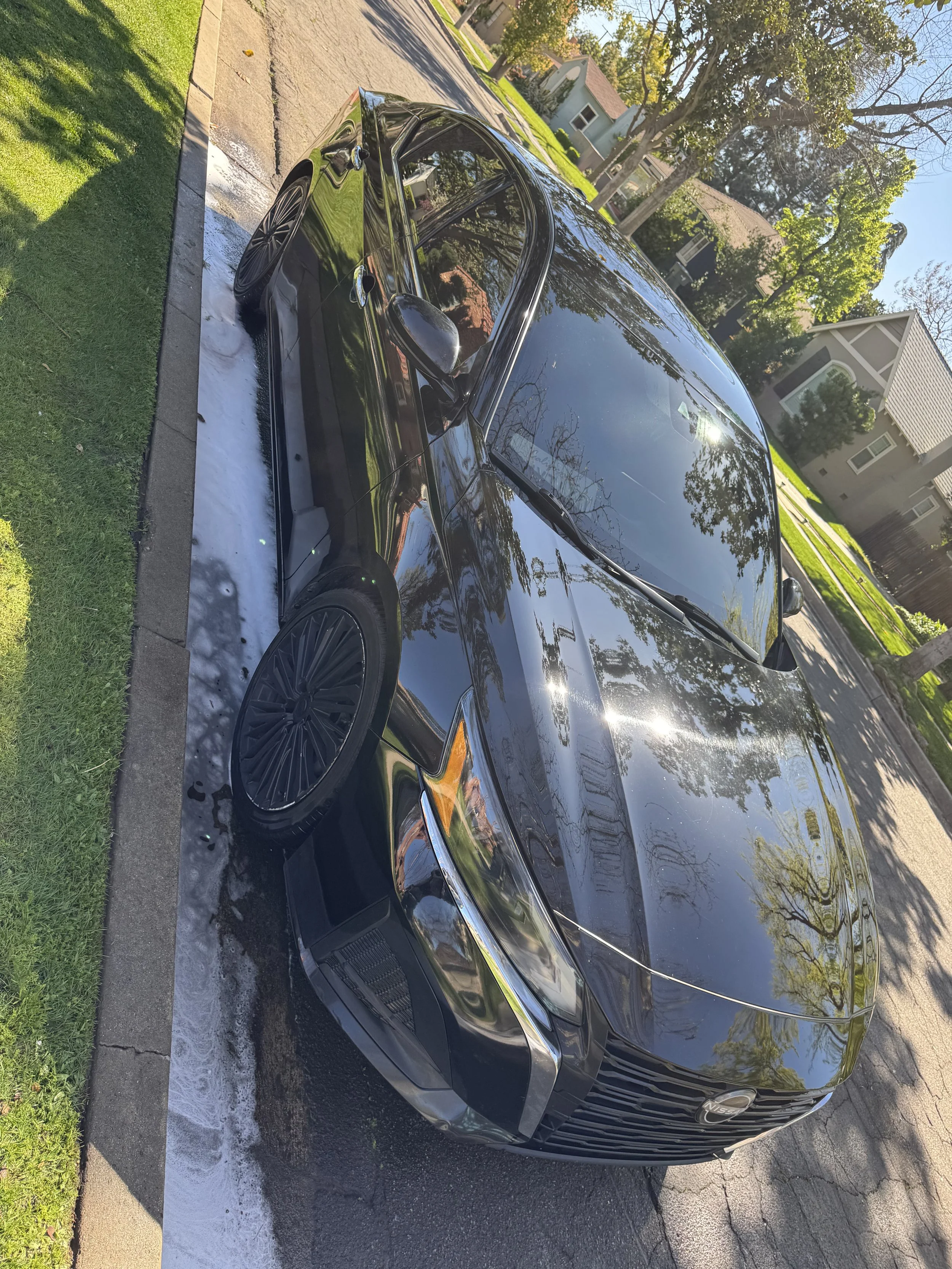 A black luxury car parked on a driveway next to a grass lawn, in a residential neighborhood with houses and trees.