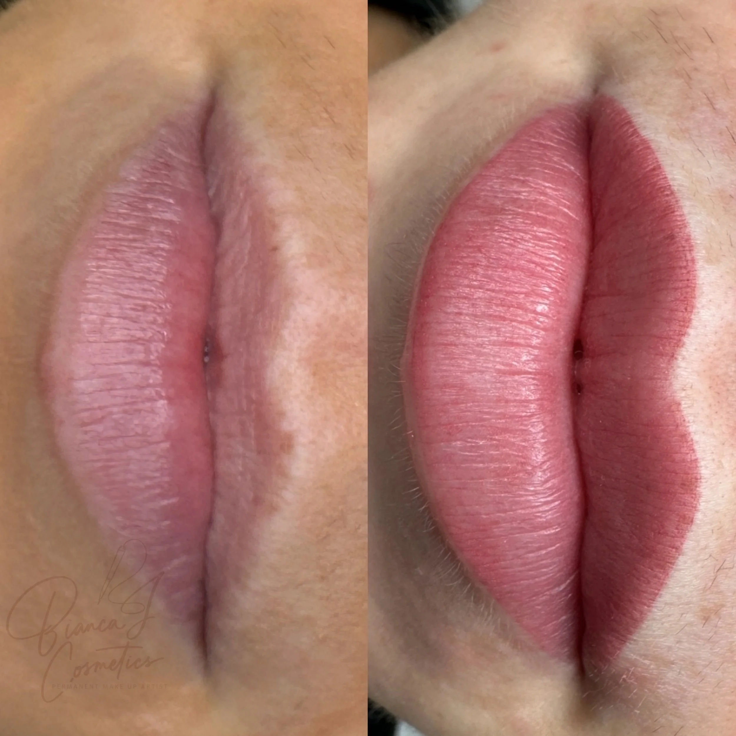 Close-up of lips before and after lip blush tattoo, showing the transformation from natural to well-defined, pink lipstick effect with a matte finish.