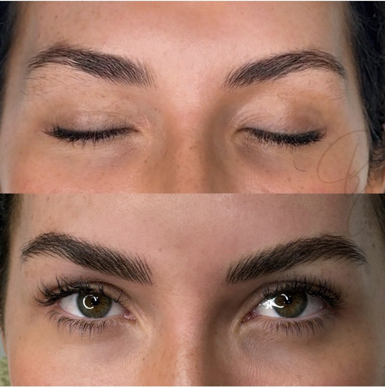 Close-up of a person's face before and after eyebrow grooming, showing the eyebrows' transformation from unruly to well-defined and styled.