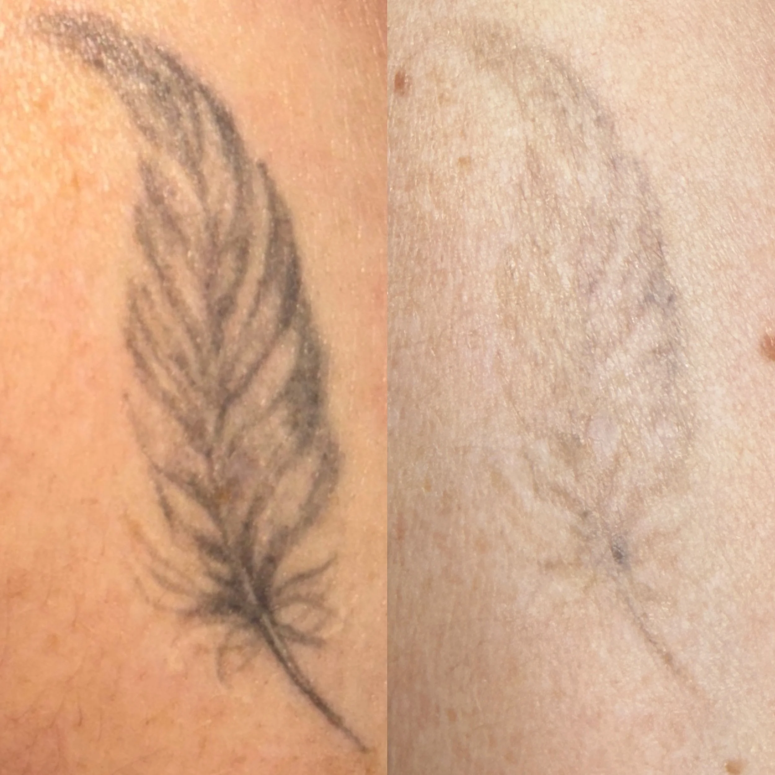 Close-up of a tattoo of a feather on skin, with a faint, similar feather tattoo visible nearby.