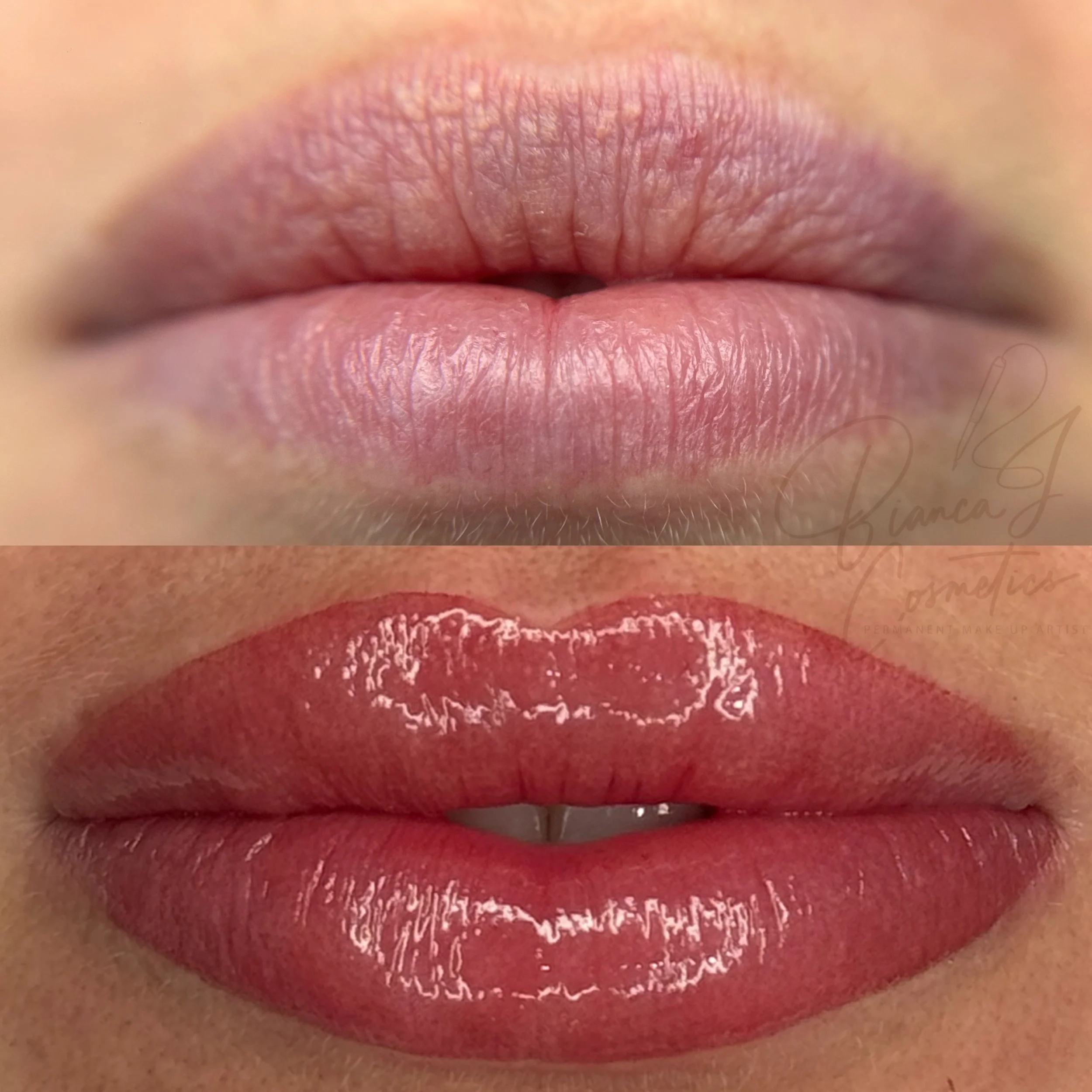 Close-up of a person's lips before and after lip blush treatment