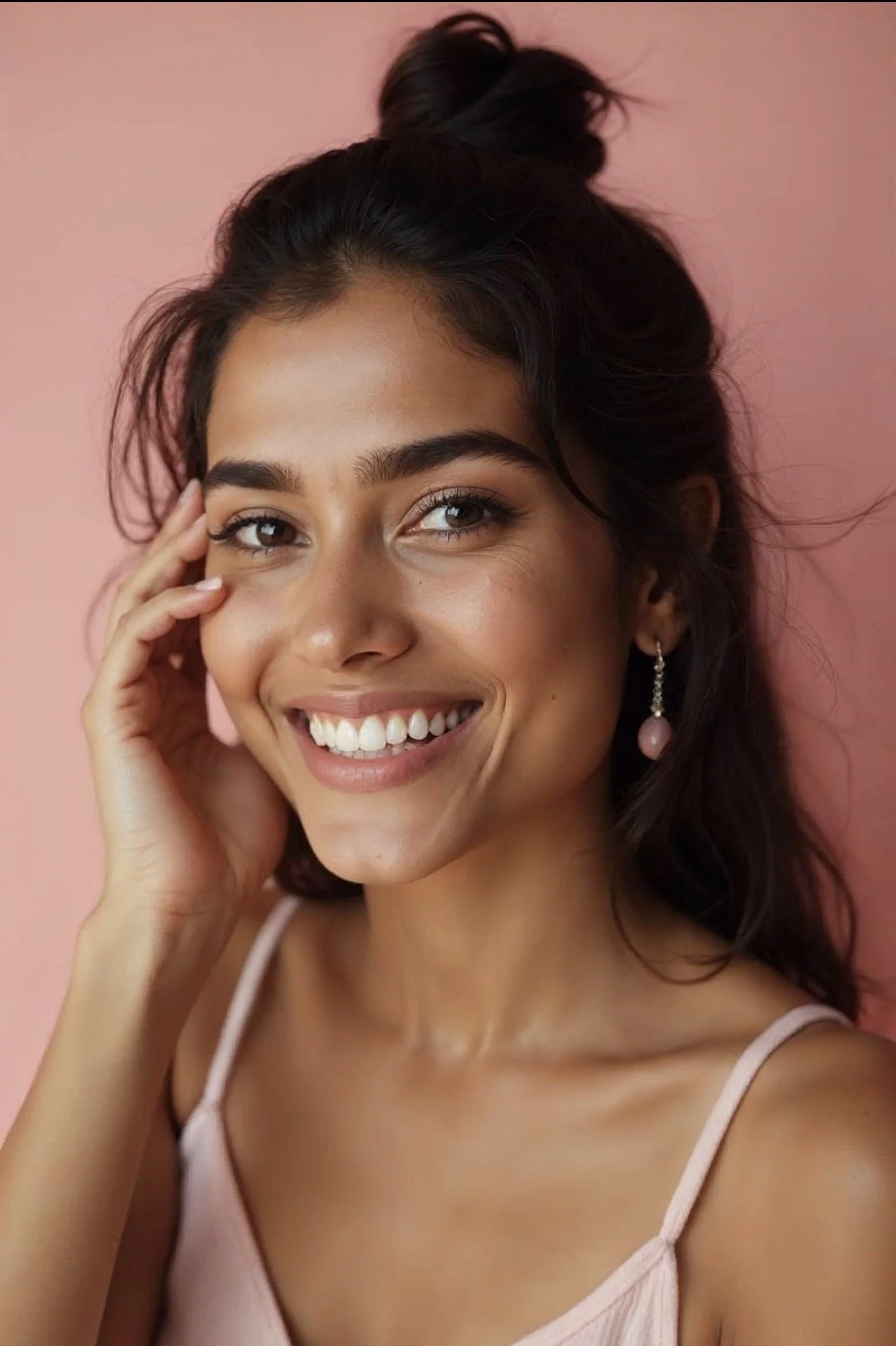 Young woman with long dark hair in a top knot, smiling and touching her face, wearing dangling pink pearl earrings and a pink spaghetti strap top, against a pink background.
