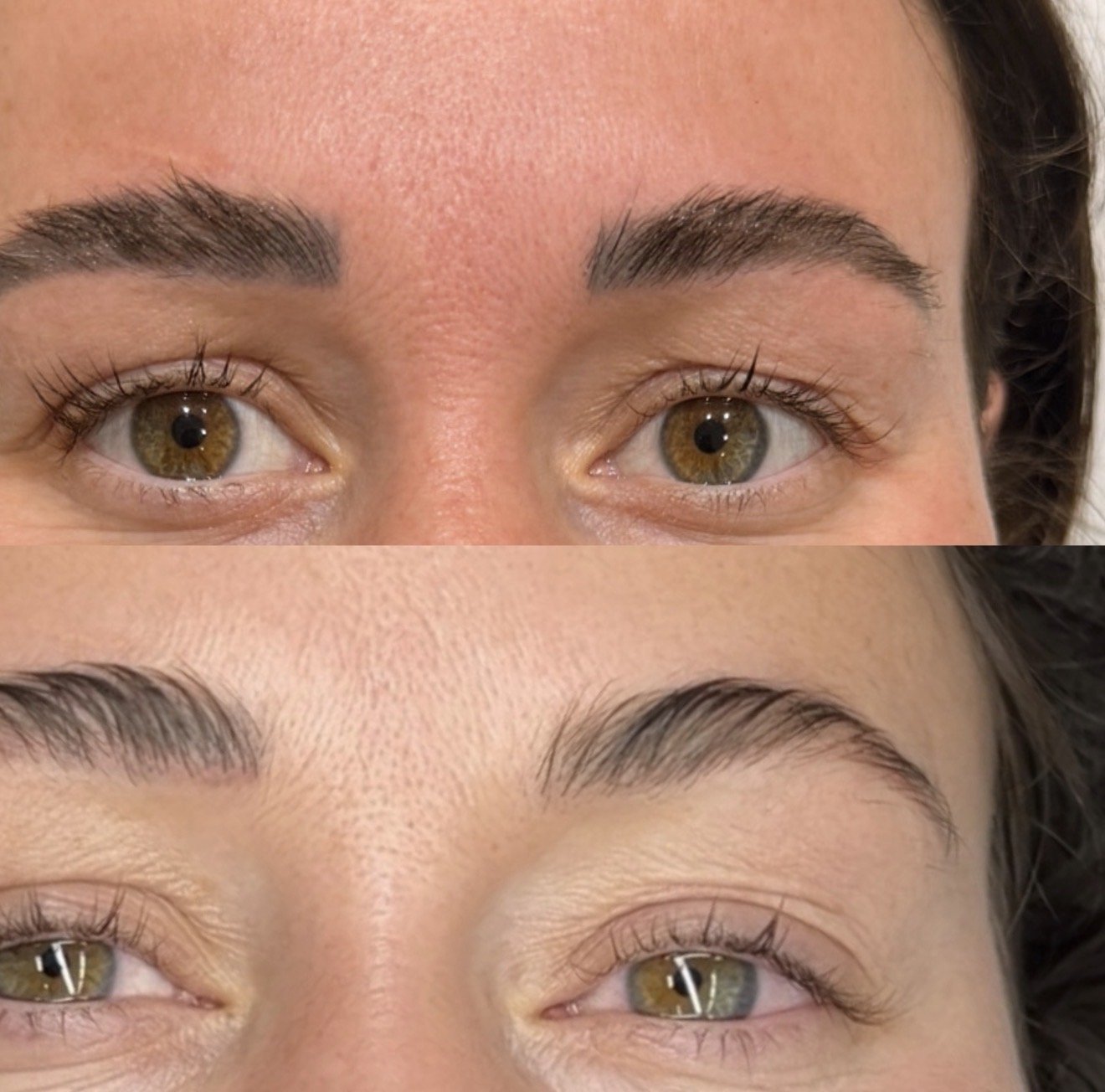 Close-up of a woman's face showing a before and after comparison of eyebrow grooming or makeup application, focusing on the brow area and eyes.