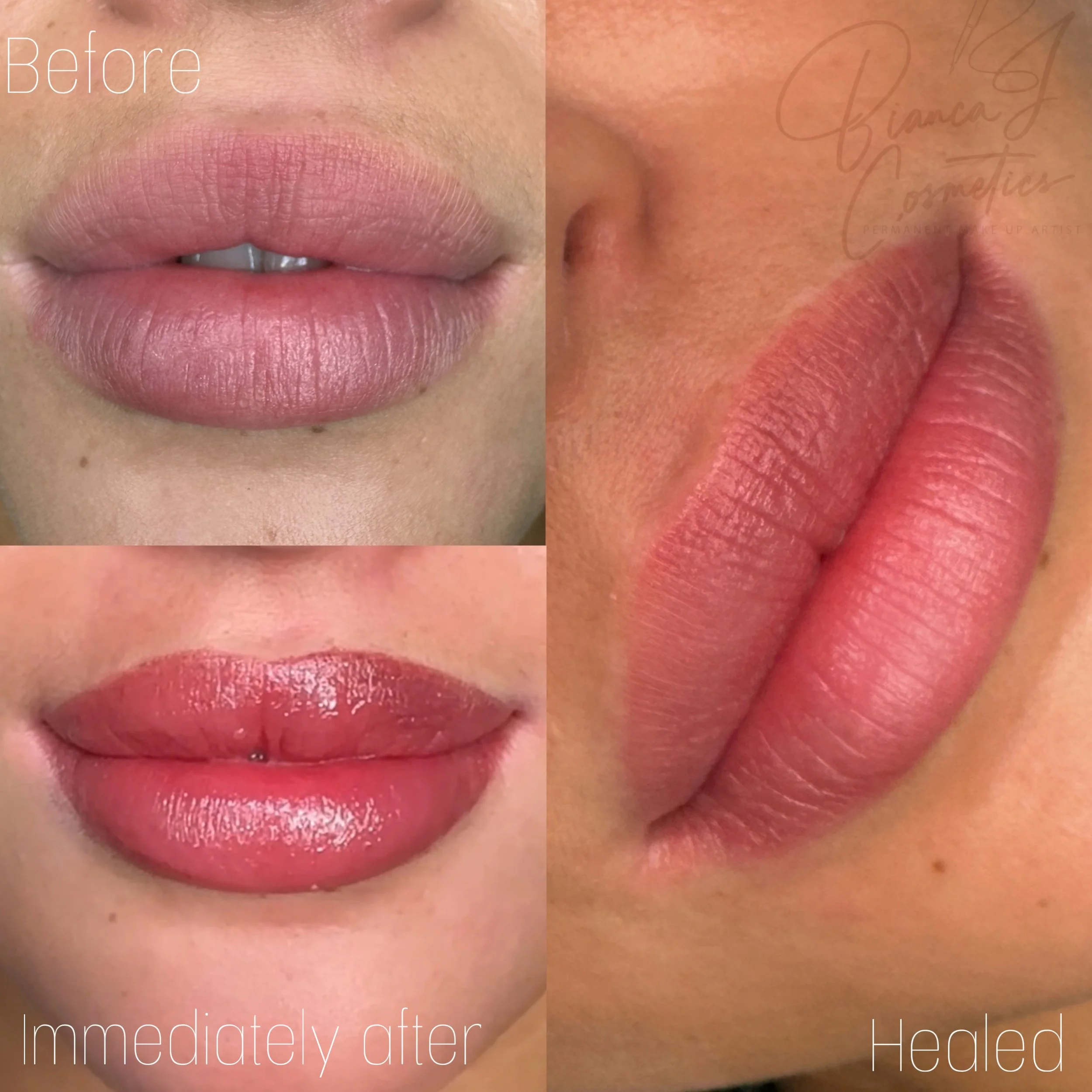 Close-up of lips before, immediately after, and healed after cosmetic lip blush treatment, showing improvement in fullness and shape.