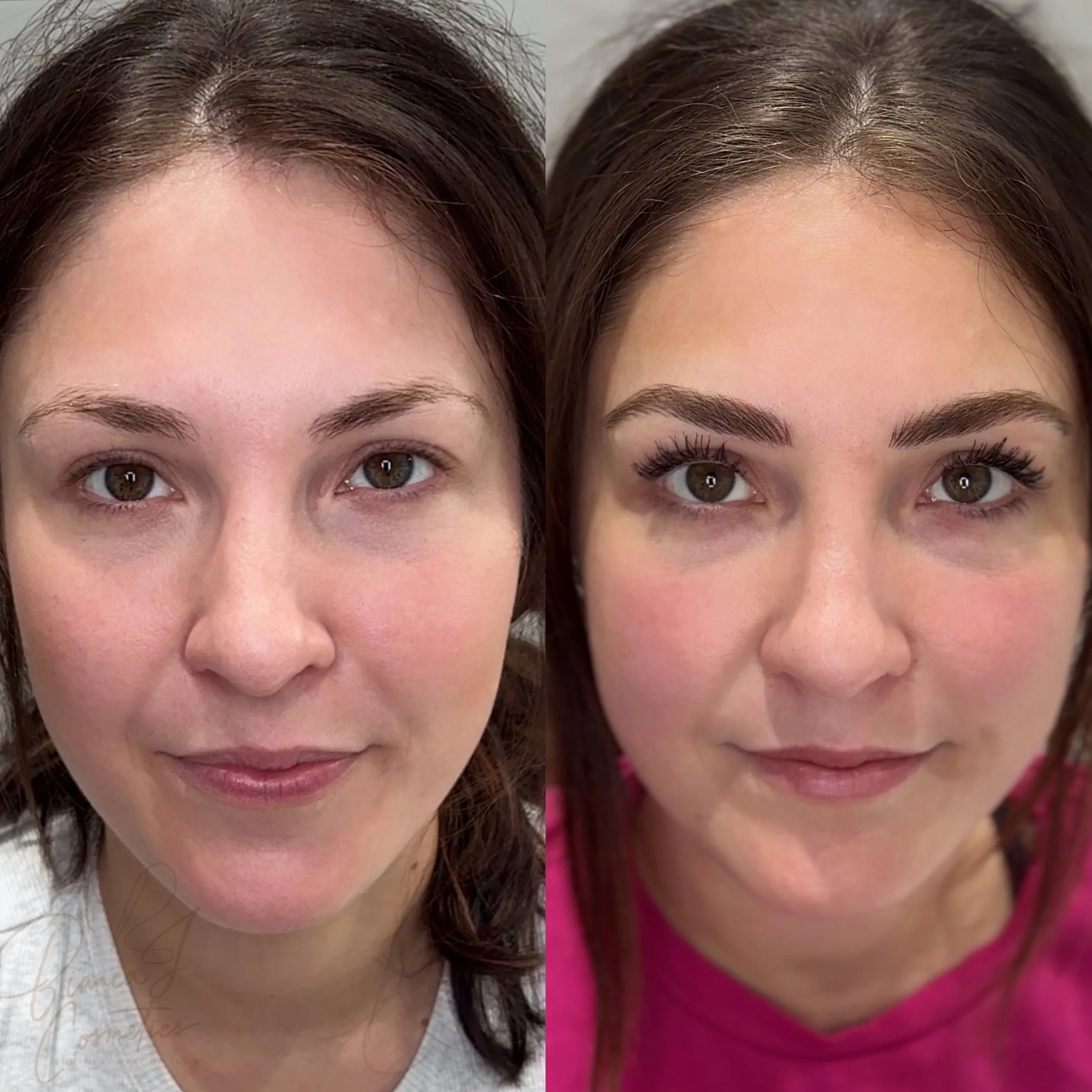 Side-by-side before and after images of a woman showing cosmetic enhancement through makeup, with the after image featuring fuller eyebrows, longer eyelashes, and makeup.