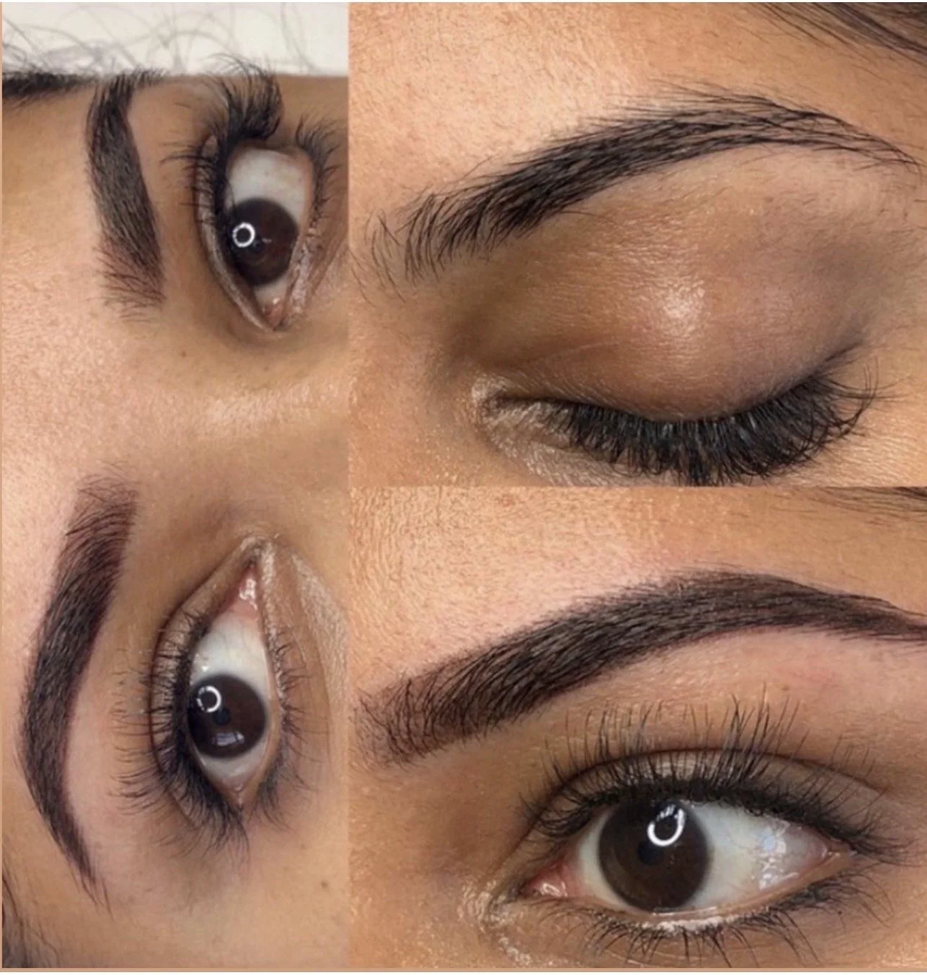 Close-up of four women's eyes showcasing different eyelash and eyebrow styles, with some eyes closed and others open.