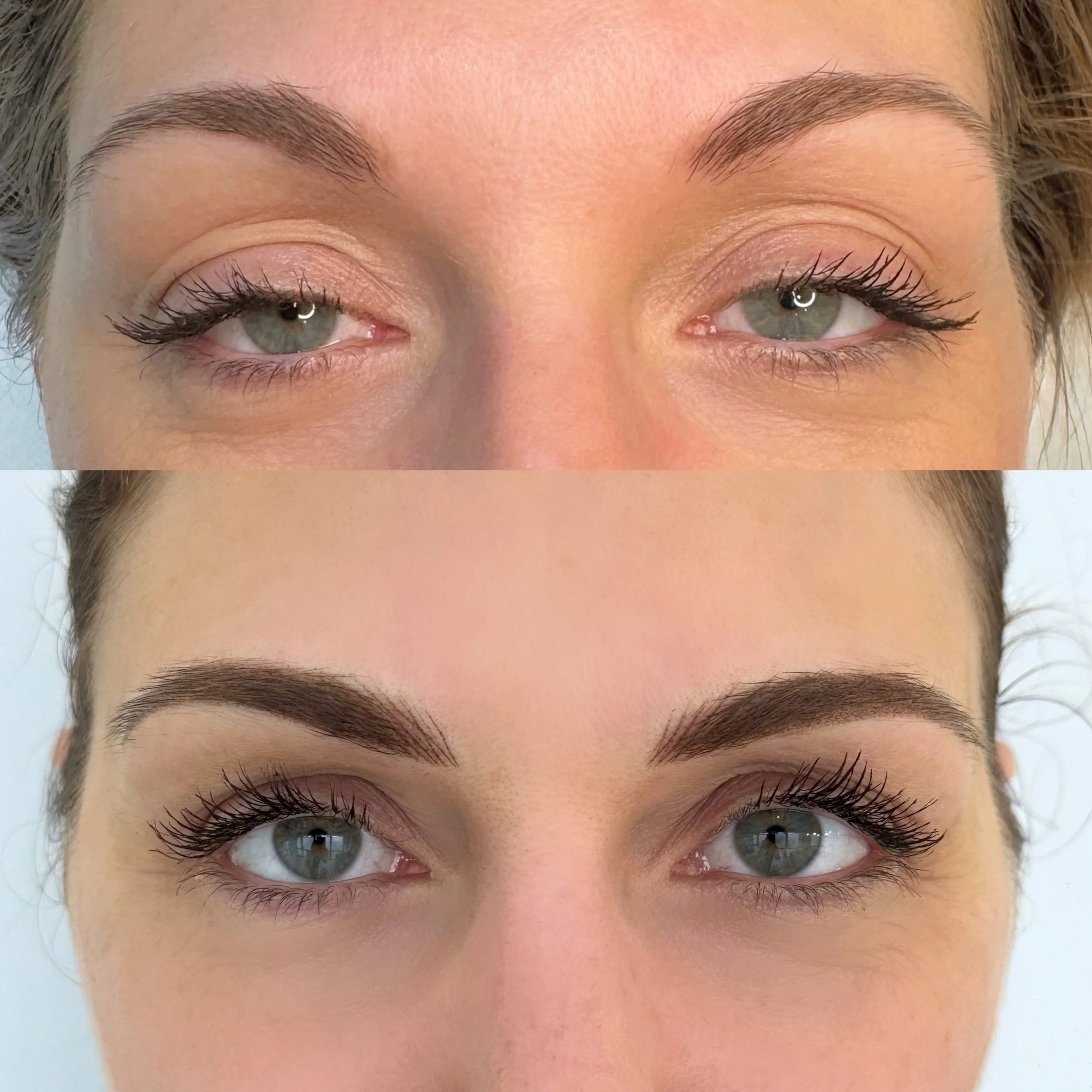 Close-up of a woman's face showing a before and after comparison of eyebrow and eyelash enhancements, with natural eyebrows and makeup on the top, and well-defined eyebrows with enhanced eyelashes and makeup on the bottom.