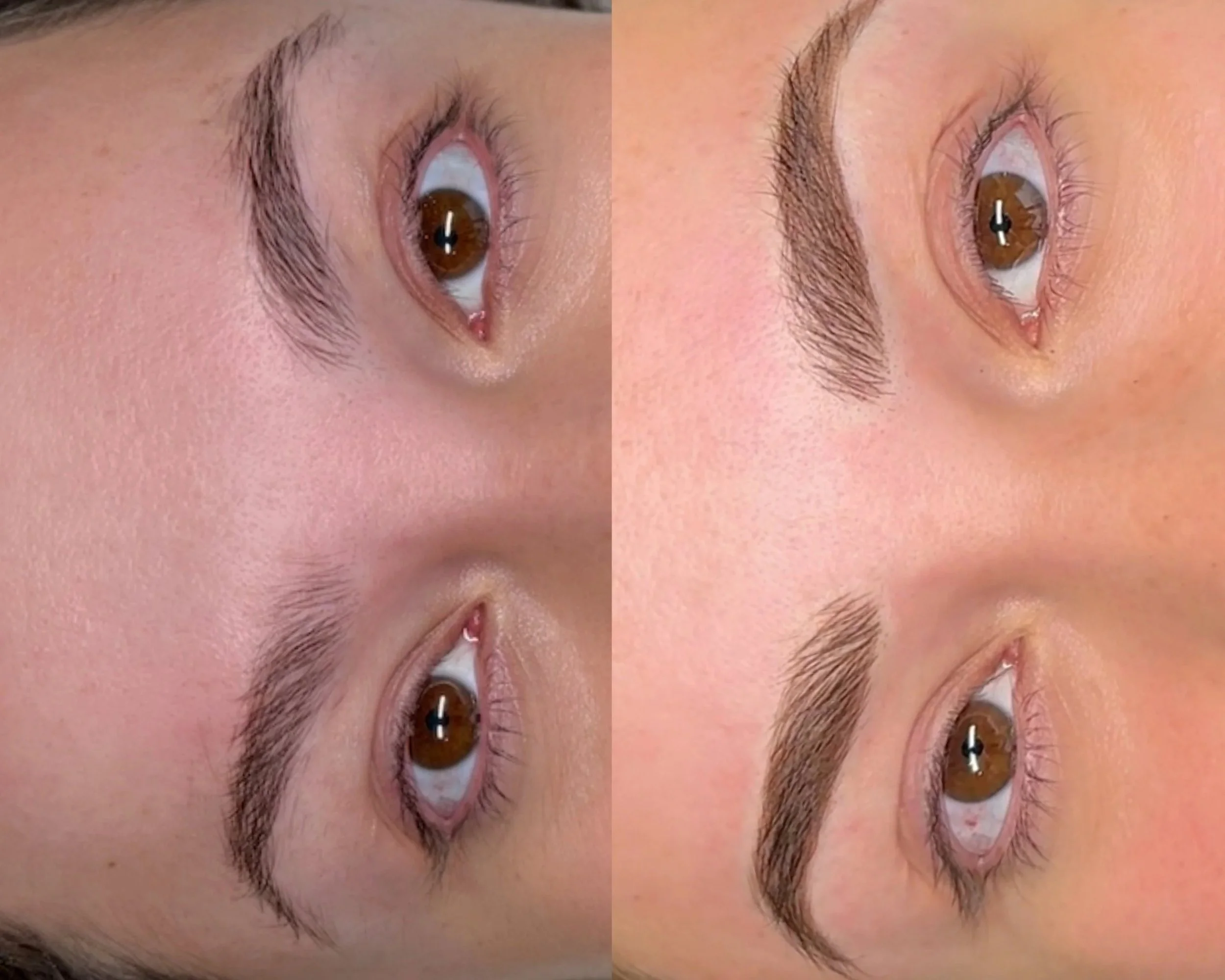 Close-up of a person's face showing before and after images of eyebrow grooming, with the after image displaying well-shaped, fuller eyebrows.