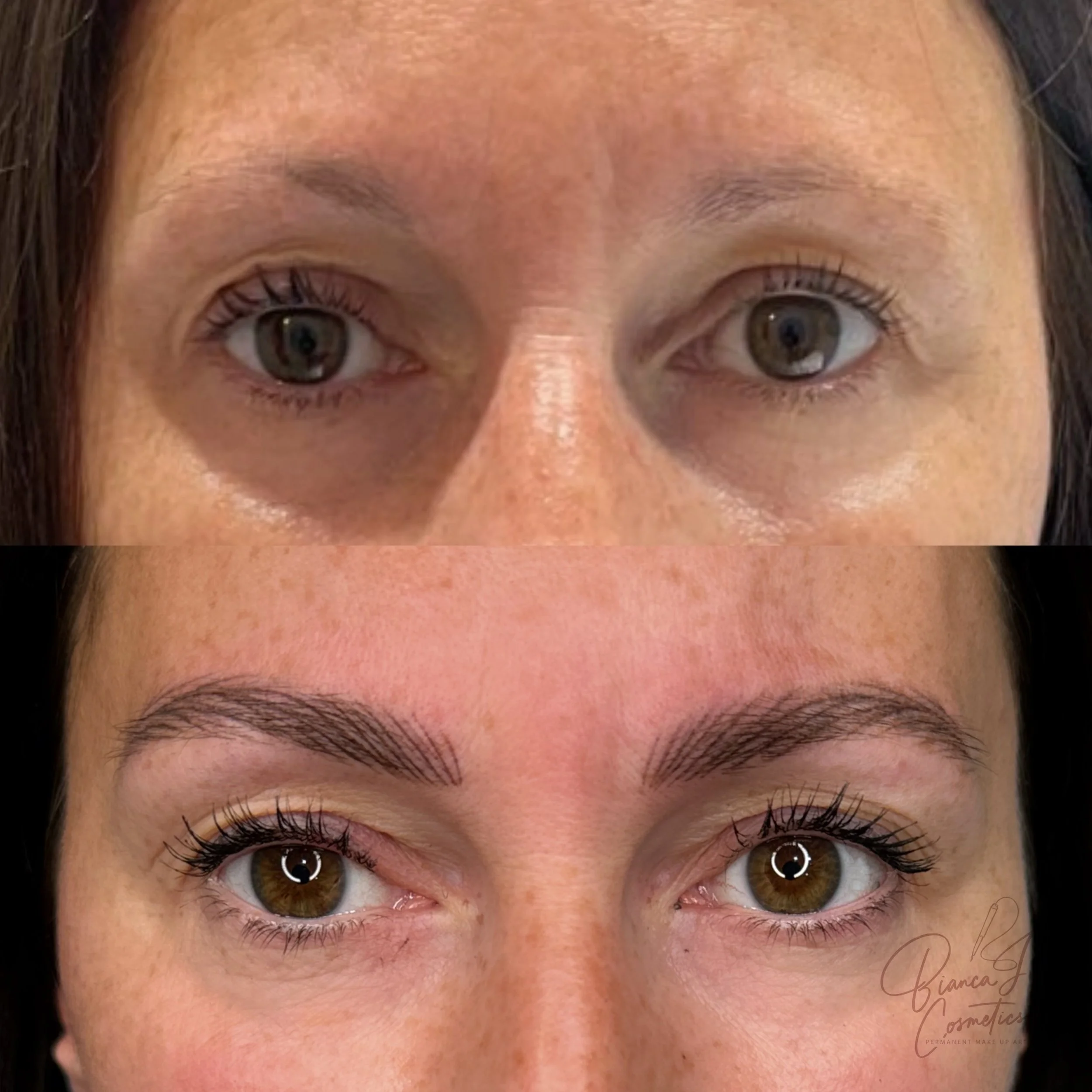 Before and after images of a woman's face focusing on her eyes and eyebrows, showing makeup enhancement.