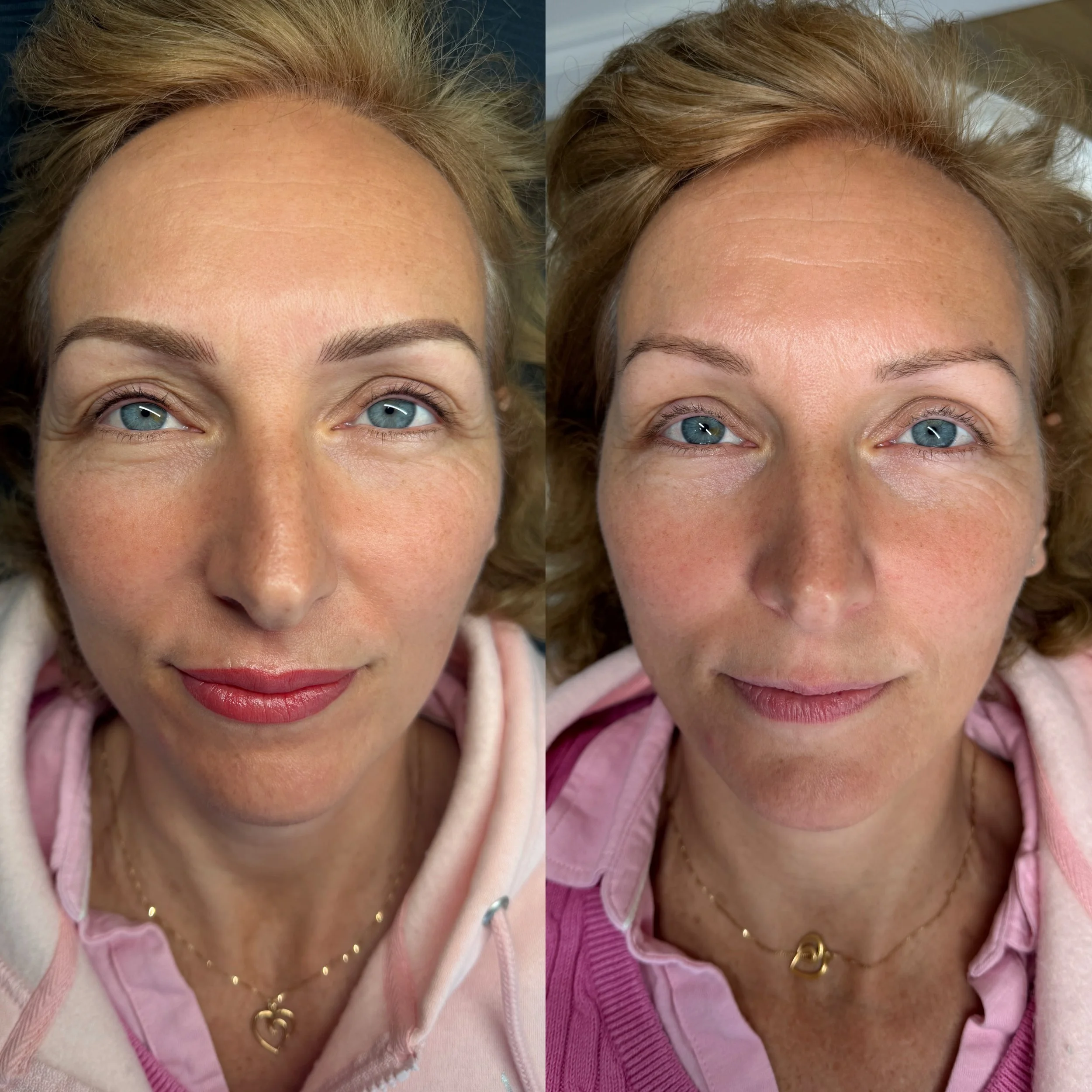 Comparison of a woman with makeup on the left and without makeup on the right, showing her face from a forward-facing angle with blue eyes, light skin, and blonde hair. Client has full face of permanent make up - eyeliner brows and lips