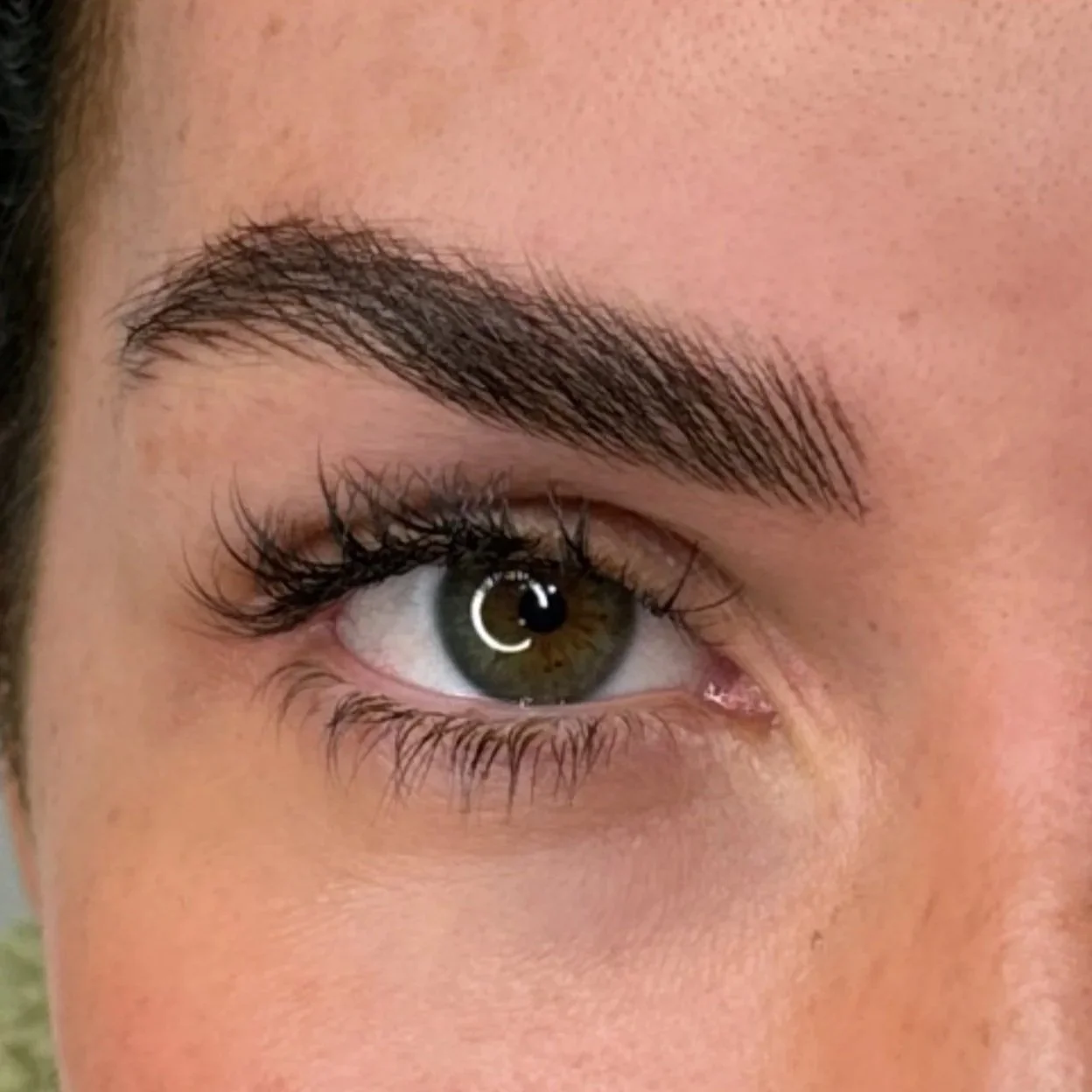 Close-up of a person's eye with well-groomed eyebrows, long eyelashes, and brown iris.