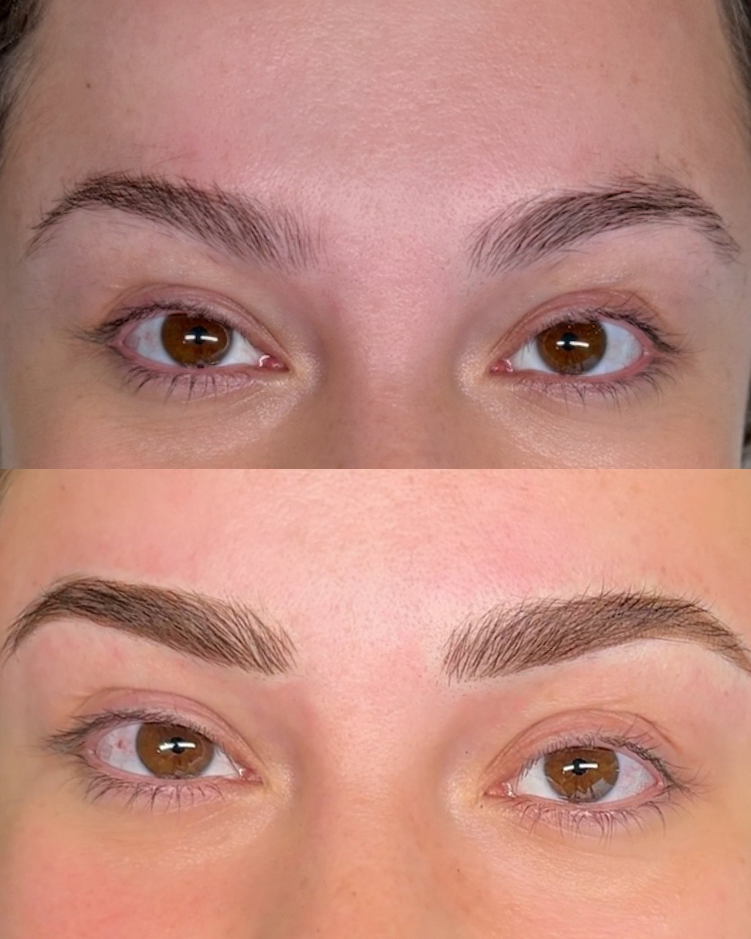 Close-up of a person's face showing before and after images of eyebrow enhancement, with the bottom image displaying filled and shaped eyebrows.