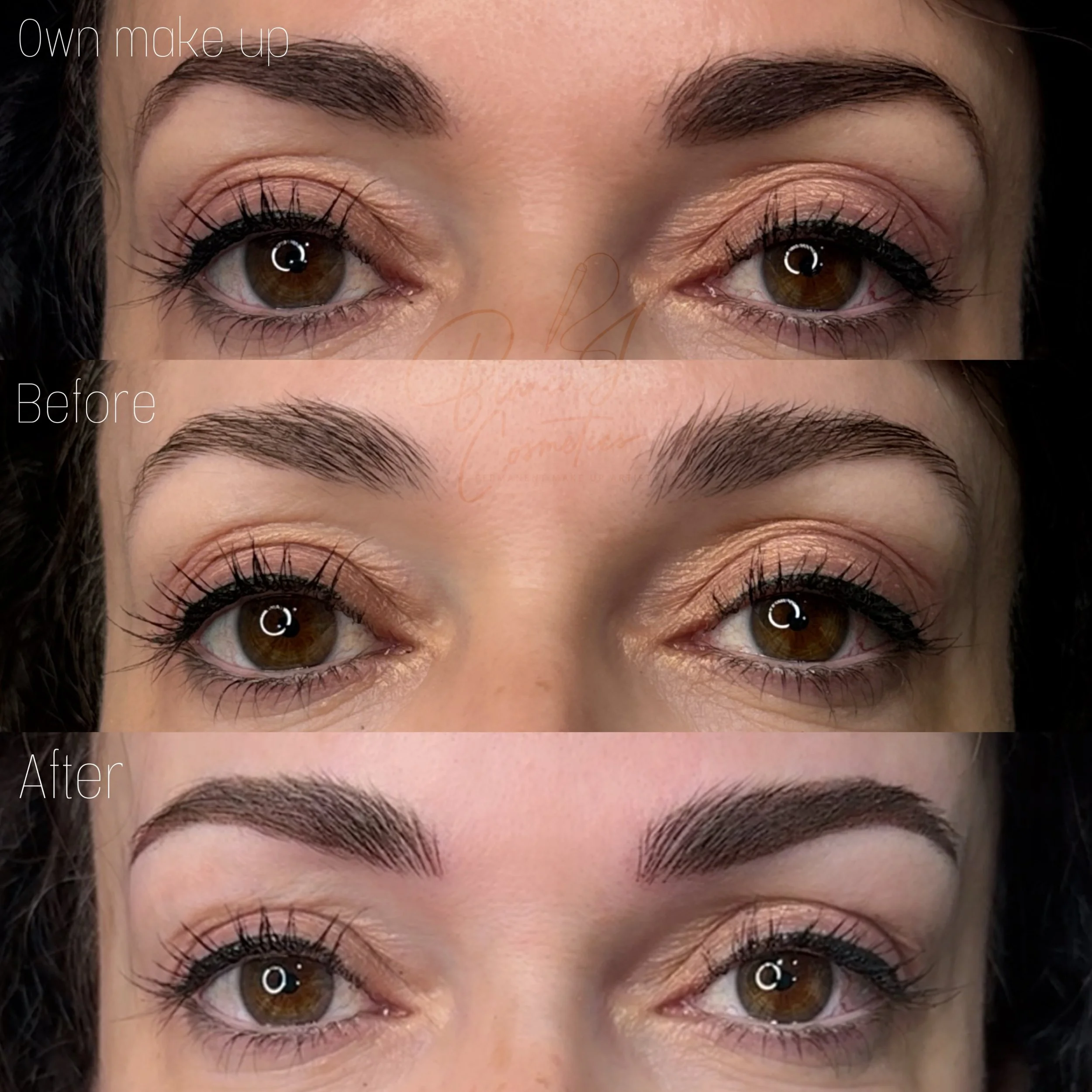 Close-up of a woman's eyes before and after makeup application, showing eyebrow shaping and enhancement.