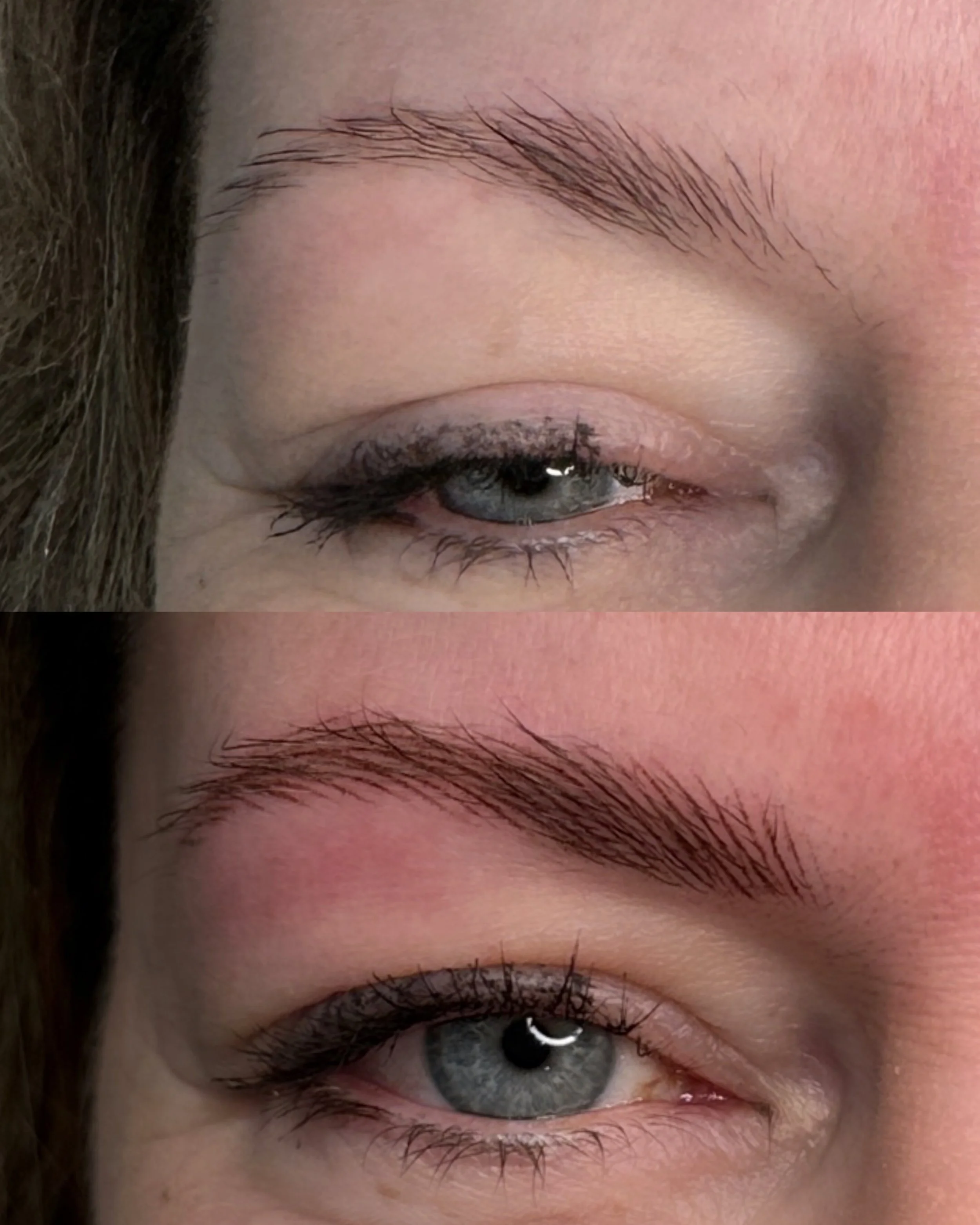 Close-up of a person’s eye, showing before and after a realism brow permanent make up technique, with the upper image depicting a less defined brow and the lower image featuring a more groomed, shaped hairstroke eyebrow.