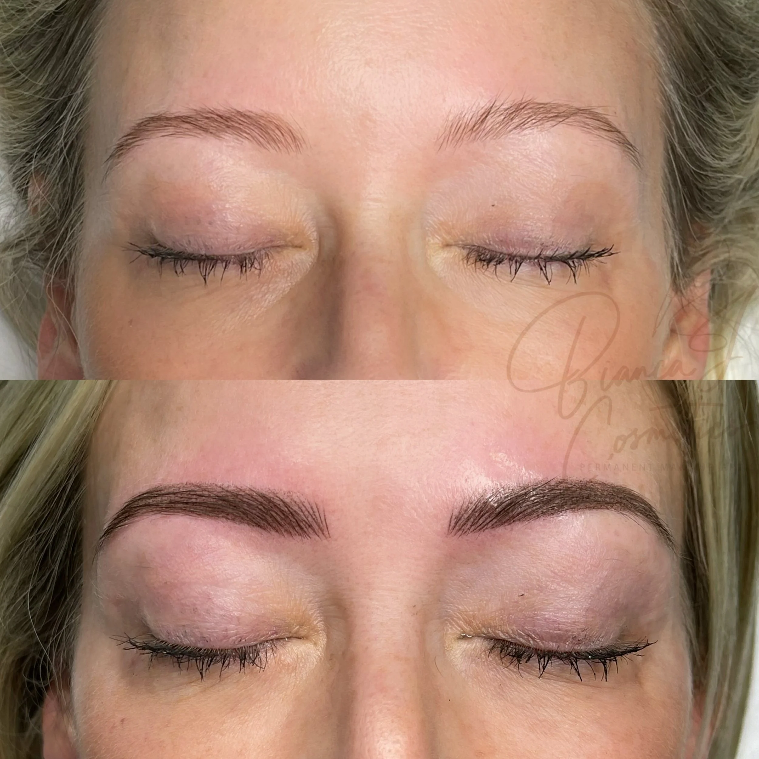 Close-up of a woman's eyebrows and eyes before and after microblading treatment, with the after image showing fuller, darker, and more defined eyebrows.