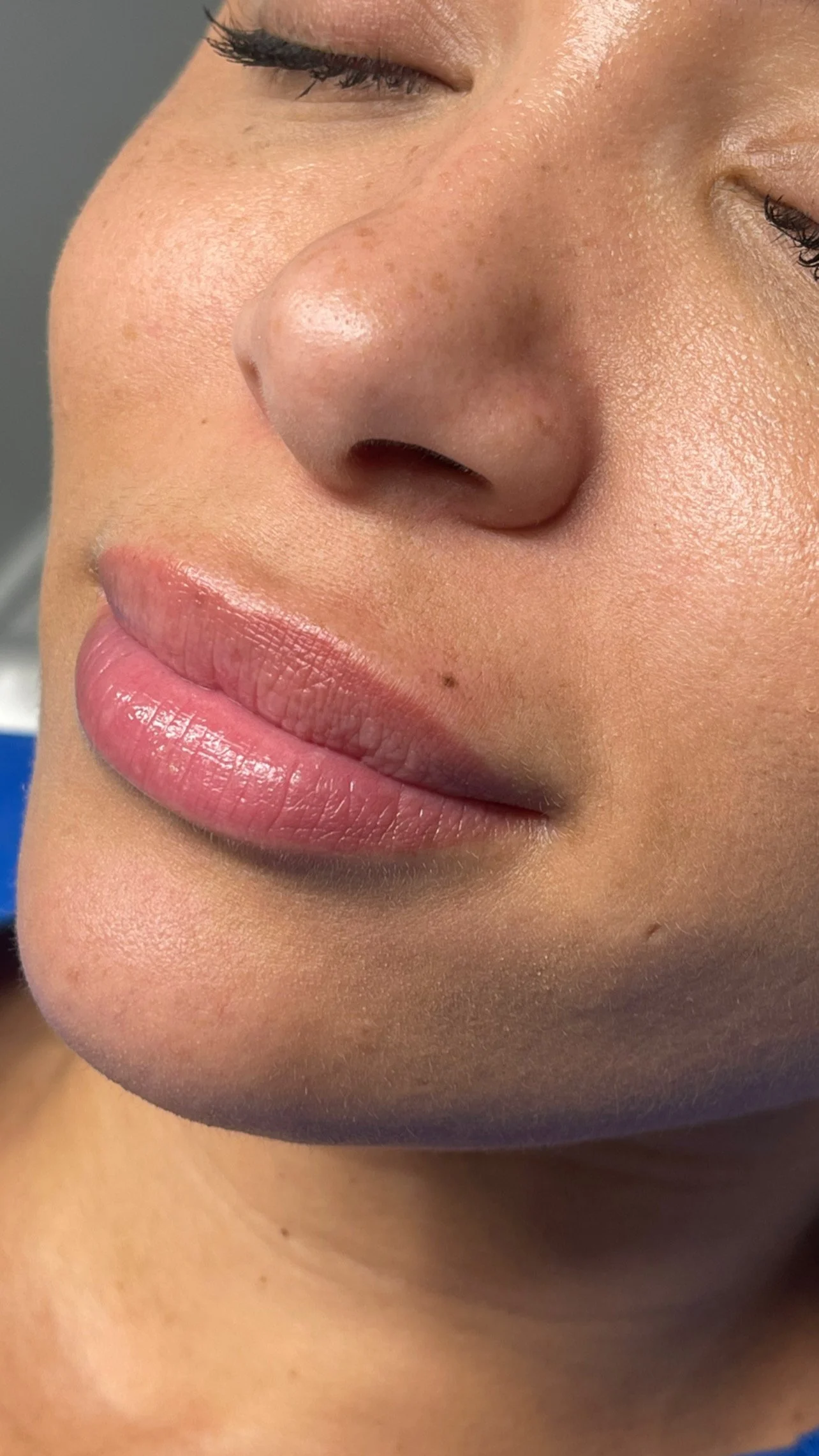 Close-up of clients lips, showing their healed lip blush results.
